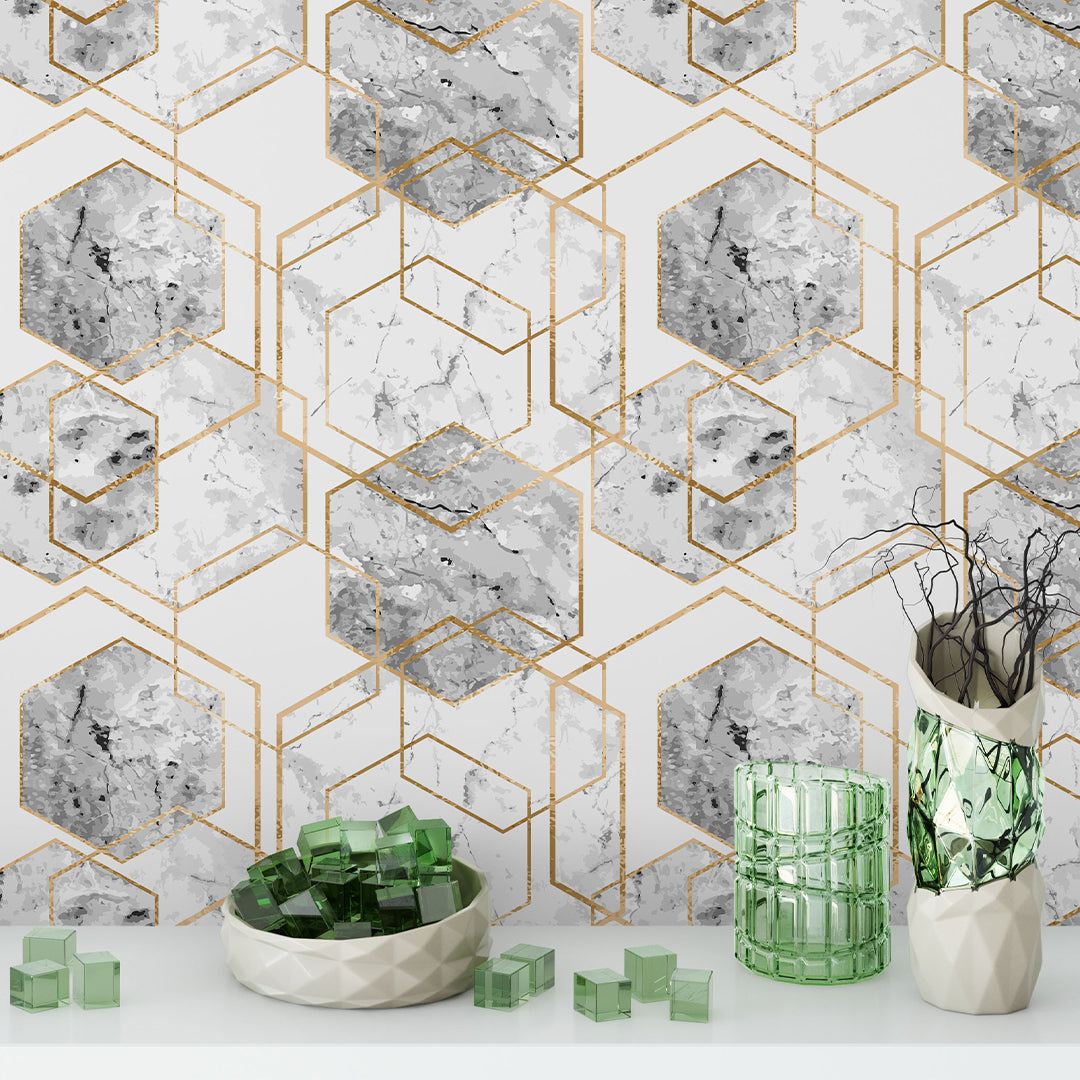 Marble & Gold Honeycomb Peel and Stick Wallpaper CC241 - Self-Adhesive Removable Wallpaper for Bedroom, Living Room, Bathroom Decor