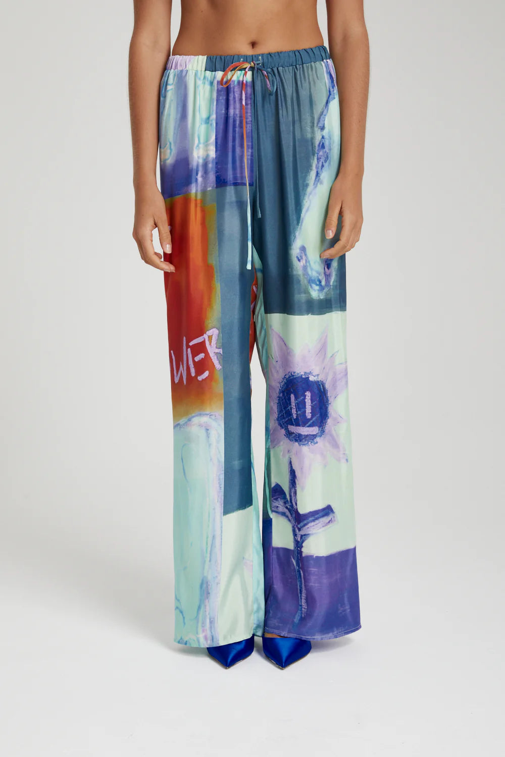 Elastic Waist Pants for Women - Blue Sunflower Print - Comfortable Stretchy Lounge Pants for Yoga, Home, and Travel