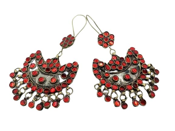 Handmade Kuchi Afghan Tribal Dangle Earrings for Women - Glass Stone Beaded Statement Jewelry | Traditional Indian & Gypsy Style Accessories | Perfect for Festivals, Weddings & Boho Fashion