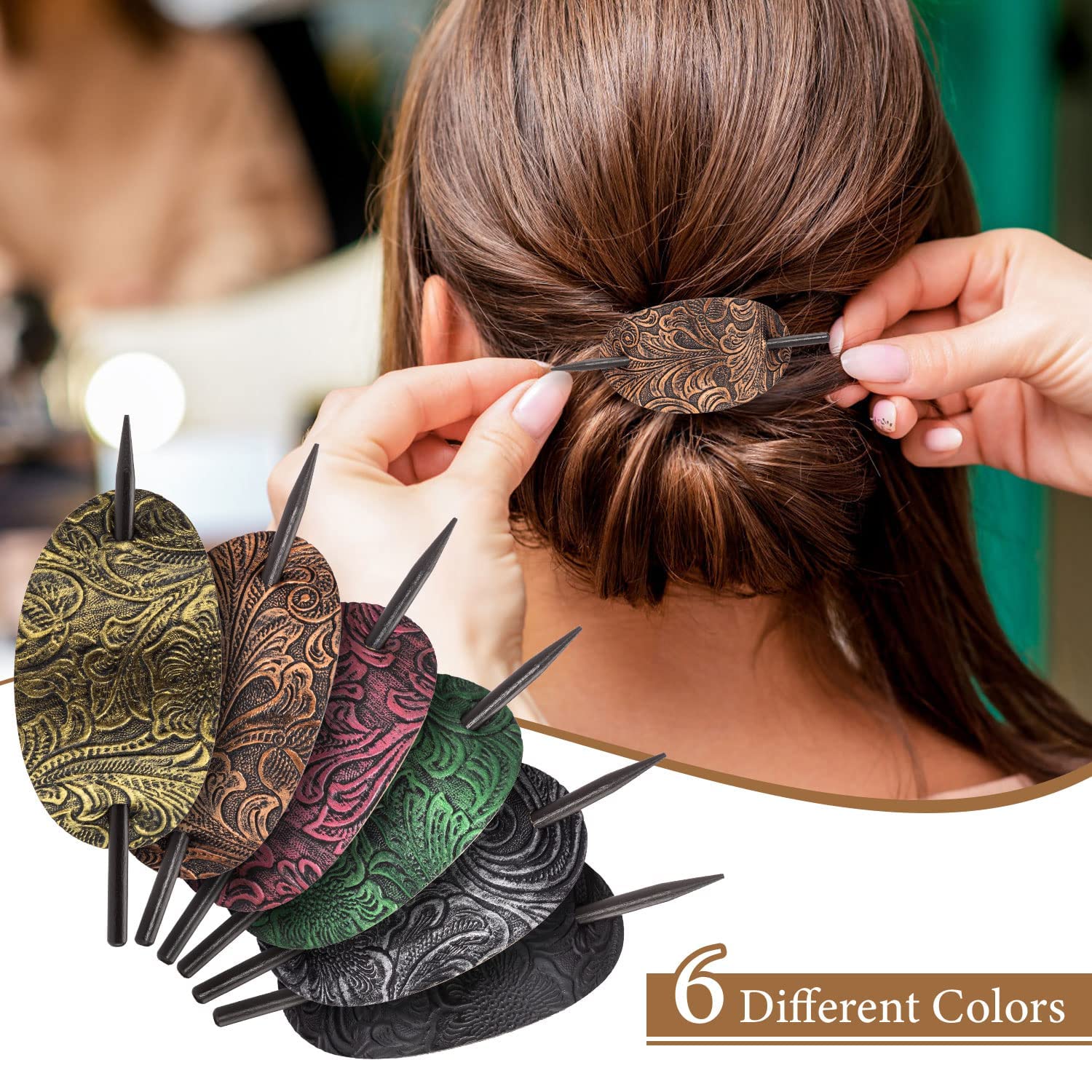 Noverlife 6PCS Bohemian Style Hair Barrettes with Wooden Stick - Faux Leather Oval Hair Clips, Ponytail Holders & Slider Pins for Women & Girls | Perfect for Weddings, Parties & Everyday Styling