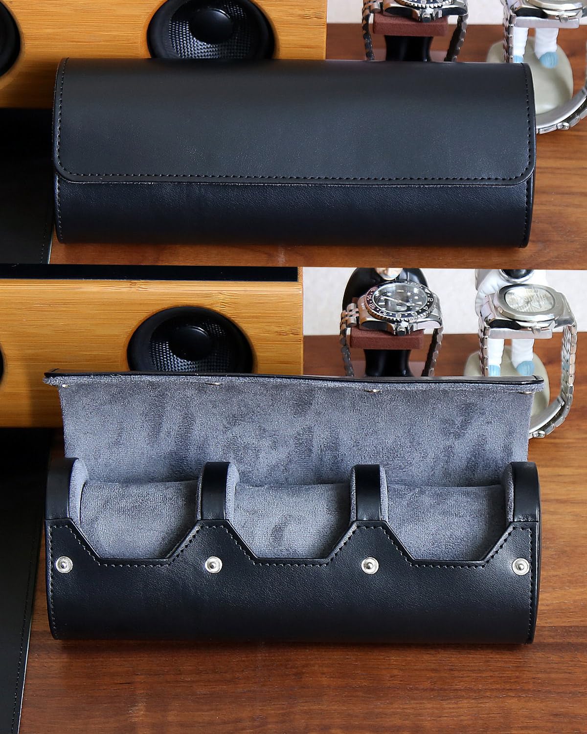 Men's Travel Watch Box Organizer - 3 Watch Storage with Velvet for Home & Travel (Black)