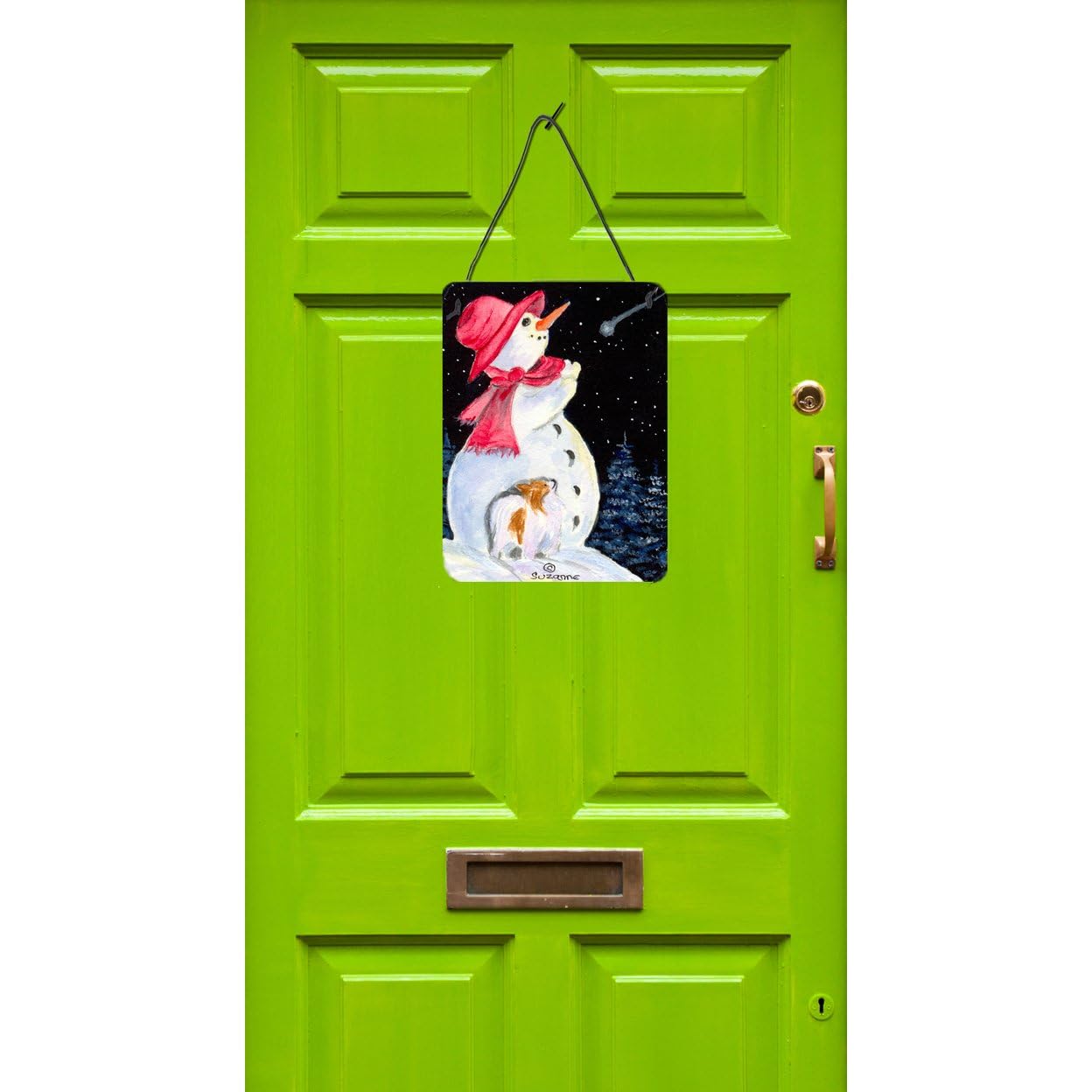 Snowman with Papillon Dog Metal Wall Art - 12x16 Inch Aluminum Sign for Kitchen, Bar, Bathroom & Front Door Decor | Seasonal Holiday Home Decoration | Indoor & Outdoor Use
