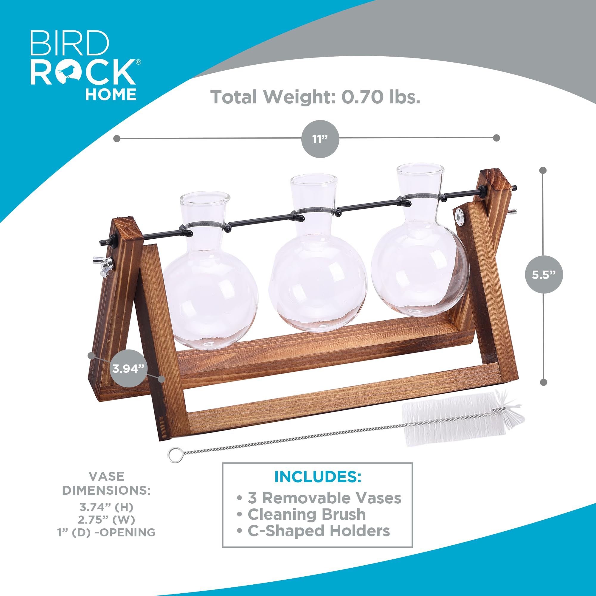 BIRDROCK HOME 3-Bulb Glass Propagation Station with Wooden Stand - Hydroponic Plant Terrarium for Home, Office & Garden - Perfect Gift for Plant Lovers (Ideal for Growing Herbs, Succulents & Flower Cuttings)