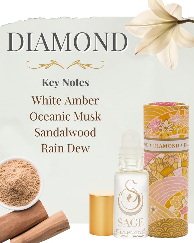 Premium Vegan Diamond Perfume Oil Roll-On by Sage - 1/8 oz, Cruelty-Free, Long-Lasting Sandalwood, White Amber & Musk Fragrance - Perfect for Daily Wear, Date Nights & Special Occasions