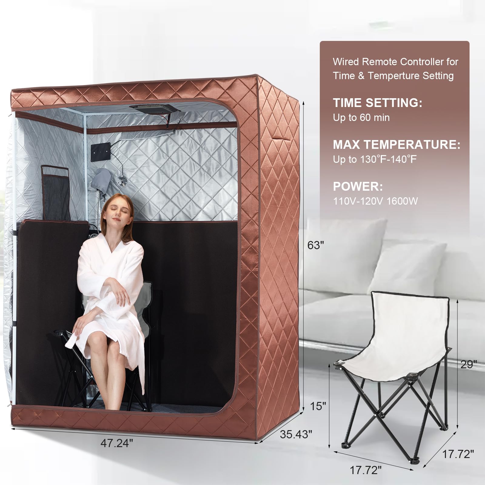 2 Person Portable Infrared Sauna Tent for Home Spa - Full Body Detox & Relaxation with Remote Control, Includes 2 Foldable Chairs (47.24