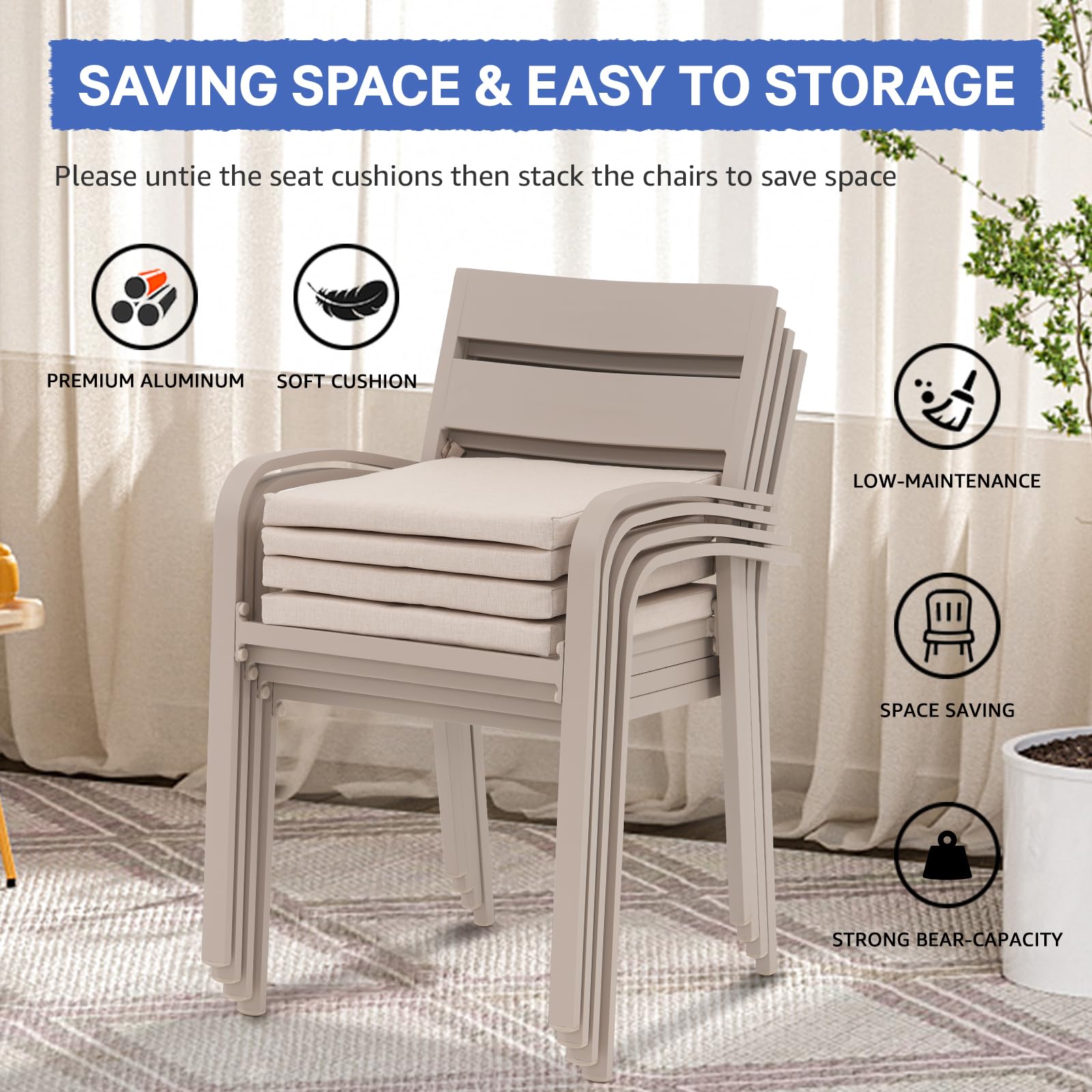 Outdoor Aluminum 4-Piece Patio Dining Chairs Set with Cushions - Stackable Bistro Chairs for Balcony, Garden, Backyard - Flaxen Finish & Beige Cushion - Perfect for Outdoor Dining, Entertaining, and Relaxing