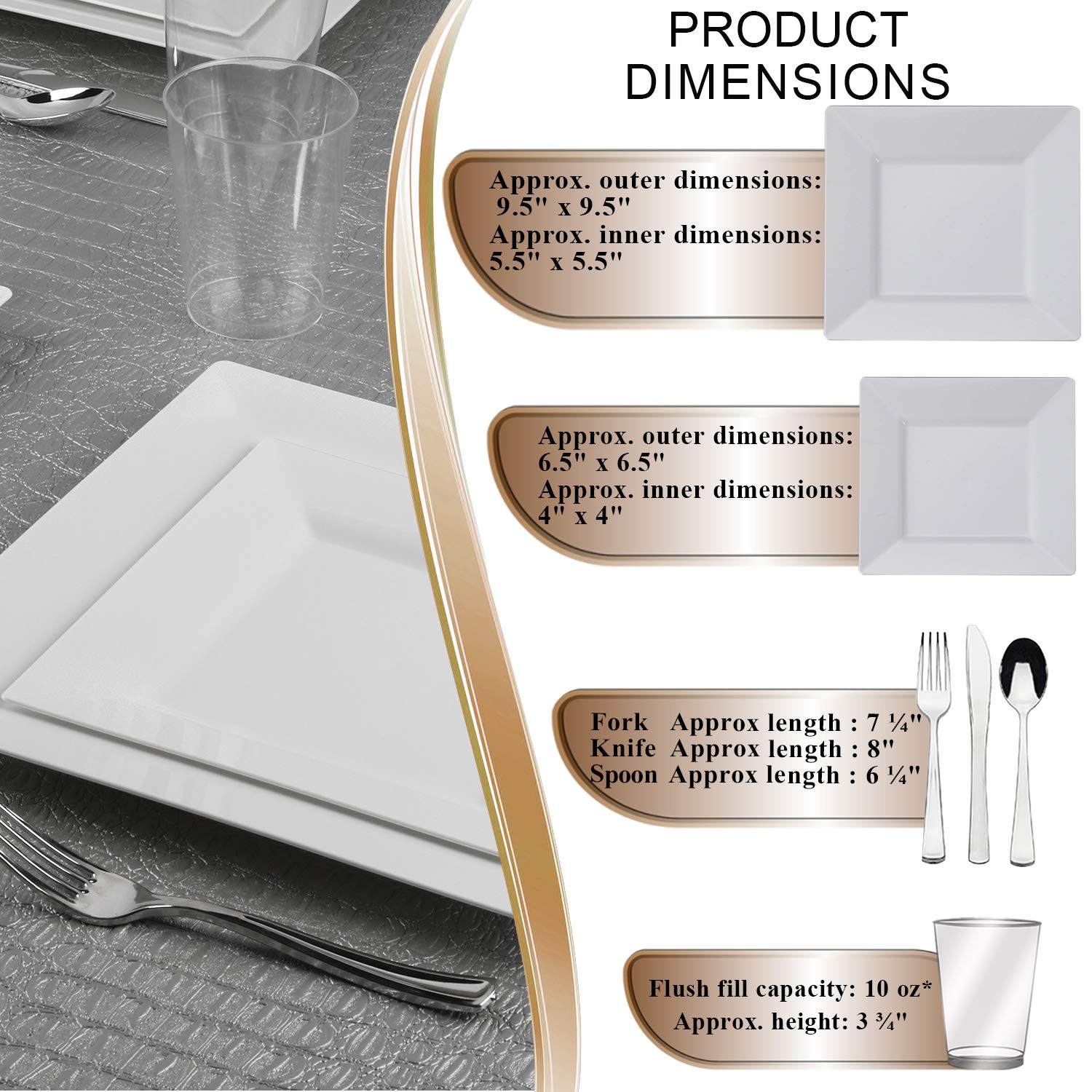 Eco-Friendly Disposable Plastic Dinnerware Set for 60 Guests - Elegant Square White Plates, Salad/Dessert Plates, Silverware Cutlery & Cups | Perfect for Weddings, Birthday Parties, Catering & Outdoor Events