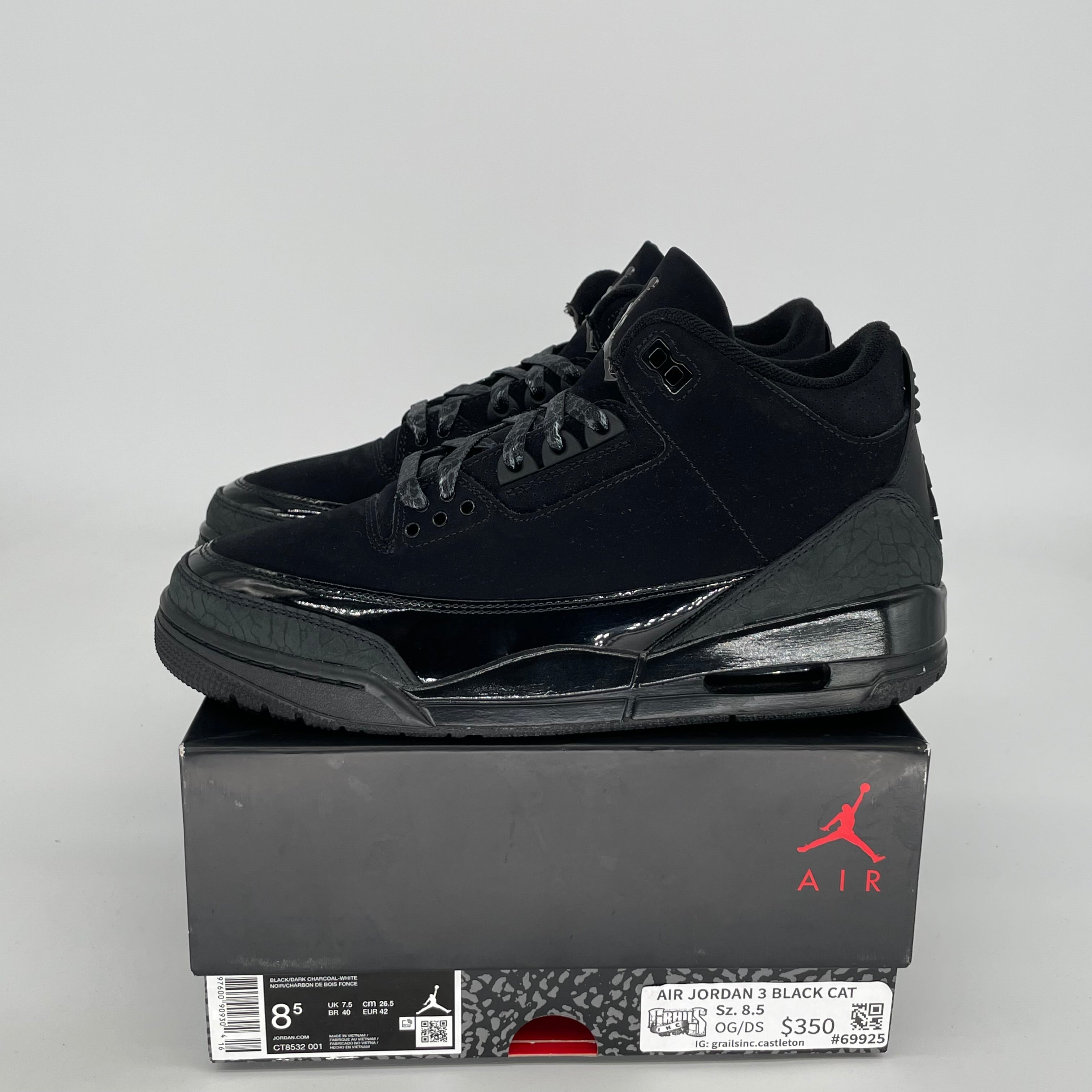 Original Air Jordan 3 Retro 'Black Cat' Men's Basketball Shoes Size 8.5 (CT8532-001) - Stylish Sneakers for Streetwear & Casual Outfits