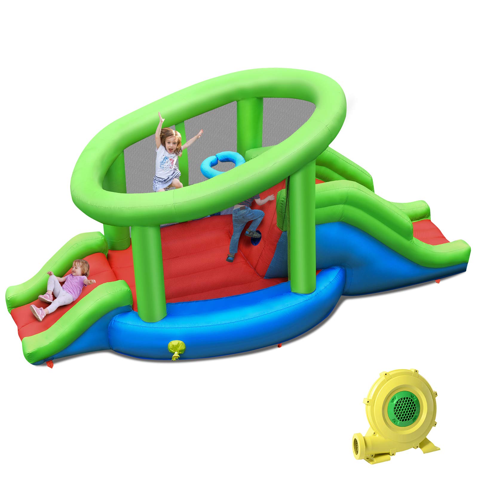 BOUNTECH Inflatable Bounce House for Kids - Double Slides, Jumping Area, Climbing Wall & Basketball Hoop - Includes 480W Air Blower, Carry Bag, Repair Kit & Stakes - Perfect for Birthday Parties, Backyard Play & Outdoor Events - Indoor/Outdoor Use