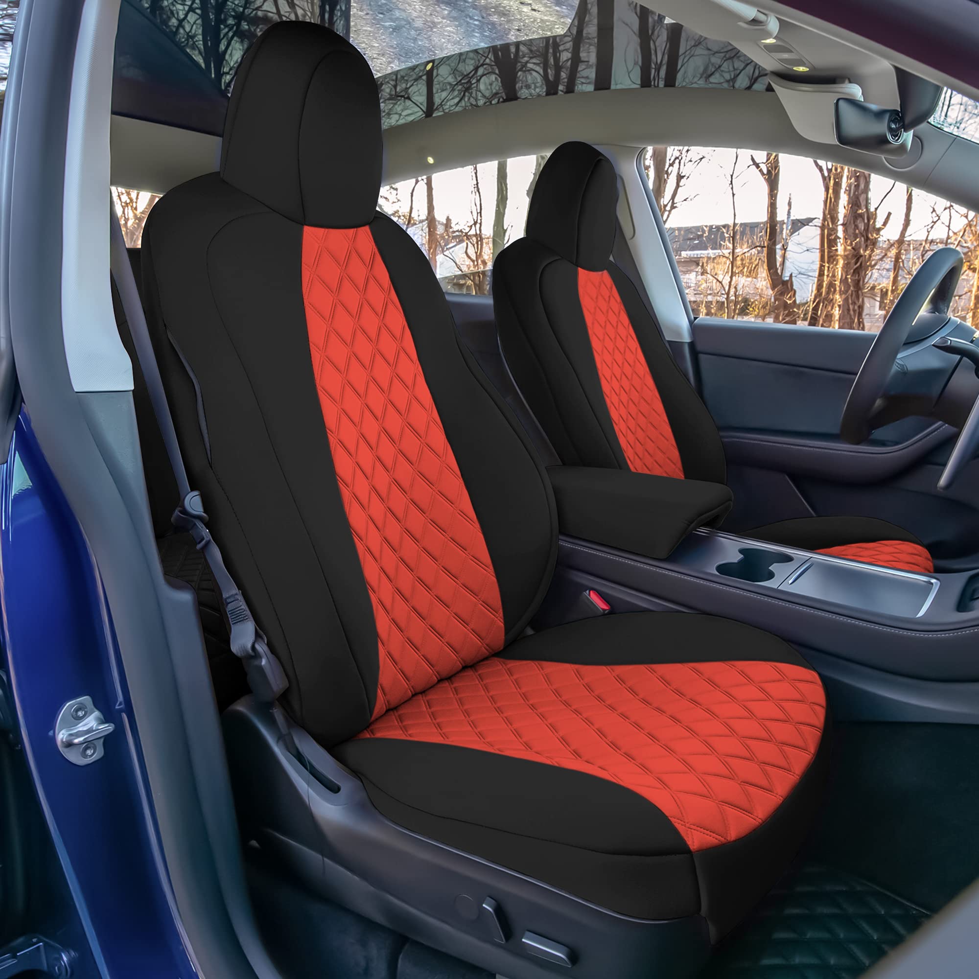 Custom Fit Waterproof Tesla Model Y Seat Covers (2020-2024) - Front Set in Red | Premium Automotive Interior Accessories | Perfect for Road Trips & Daily Commutes