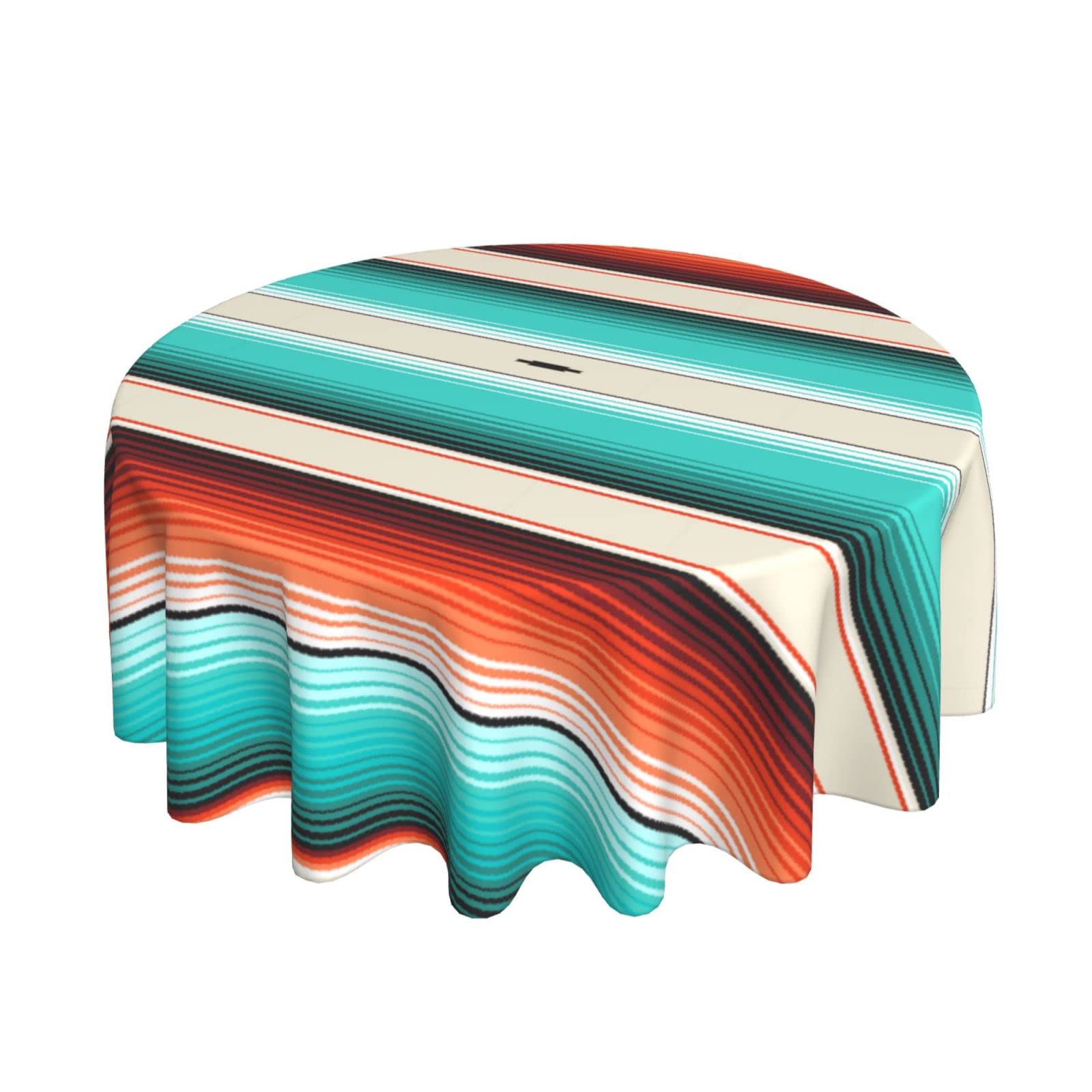 60 Inch Waterproof Round Tablecloth - Turquoise, Orange, Navajo White Stripes Mexican Design for Outdoor Patio, Party, Picnic, Wedding & Indoor Kitchen Dinner Decor | Durable & Stylish Table Cover