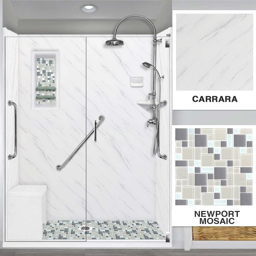 Freedom Carrara Marble Newport Mosaic Alcove Shower Enclosure Kit - Premium Bathroom Upgrade for Modern Homes, Spa-Like Shower Experience