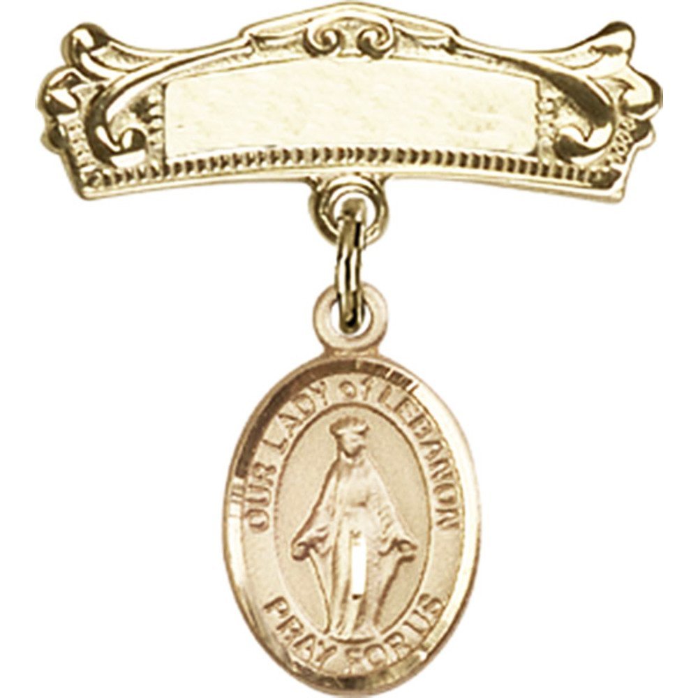 Gold Filled Baby Badge with Our Lady of Lebanon Charm - 7/8 X 3/4 Inch Arched Polished Pin for Baptism, First Communion & Religious Jewelry Gifts