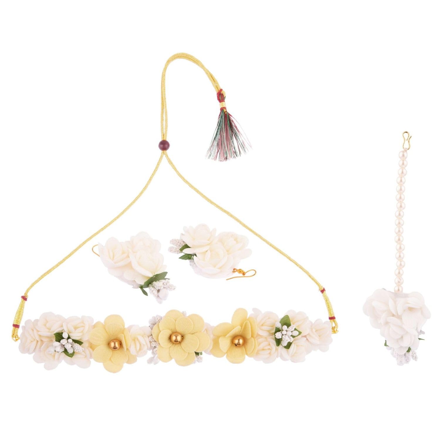 Efulgenz Handmade Indian Haldi Jewelry Set - Floral Choker Necklace, Earrings & Maang Tikka for Women | Wedding, Haldi & Mehendi Ceremonies | Perfect for Bridal Accessories, Cultural Events and Festive Occasions