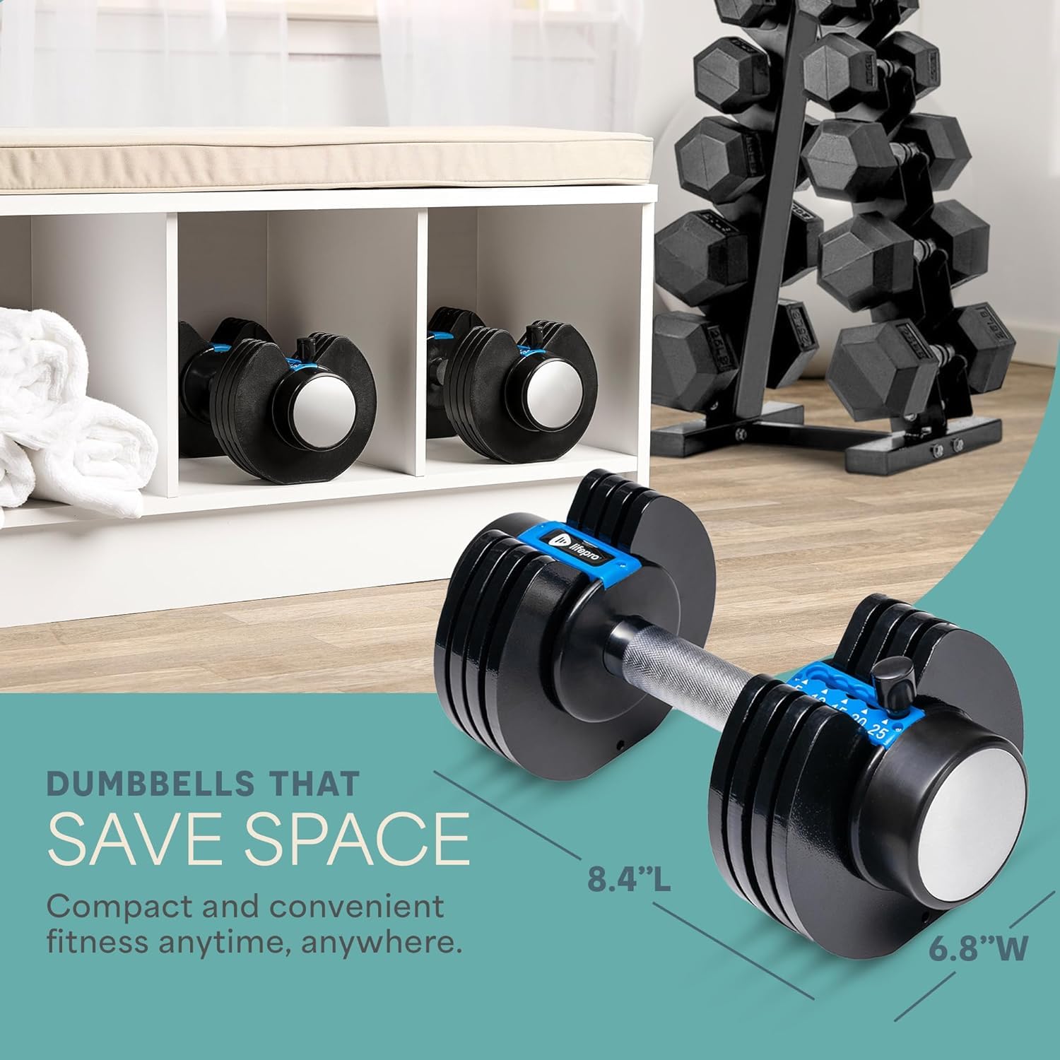 Lifepro Adjustable Dumbbells Set 15lb 25lb 43lb 55lb - Quick Adjust Home Gym Weights with Secure Grip & Storage Rack - Compact Dumbbell Set for Men & Women - Perfect for Strength Training, HIIT Workouts, and Home Fitness Routines