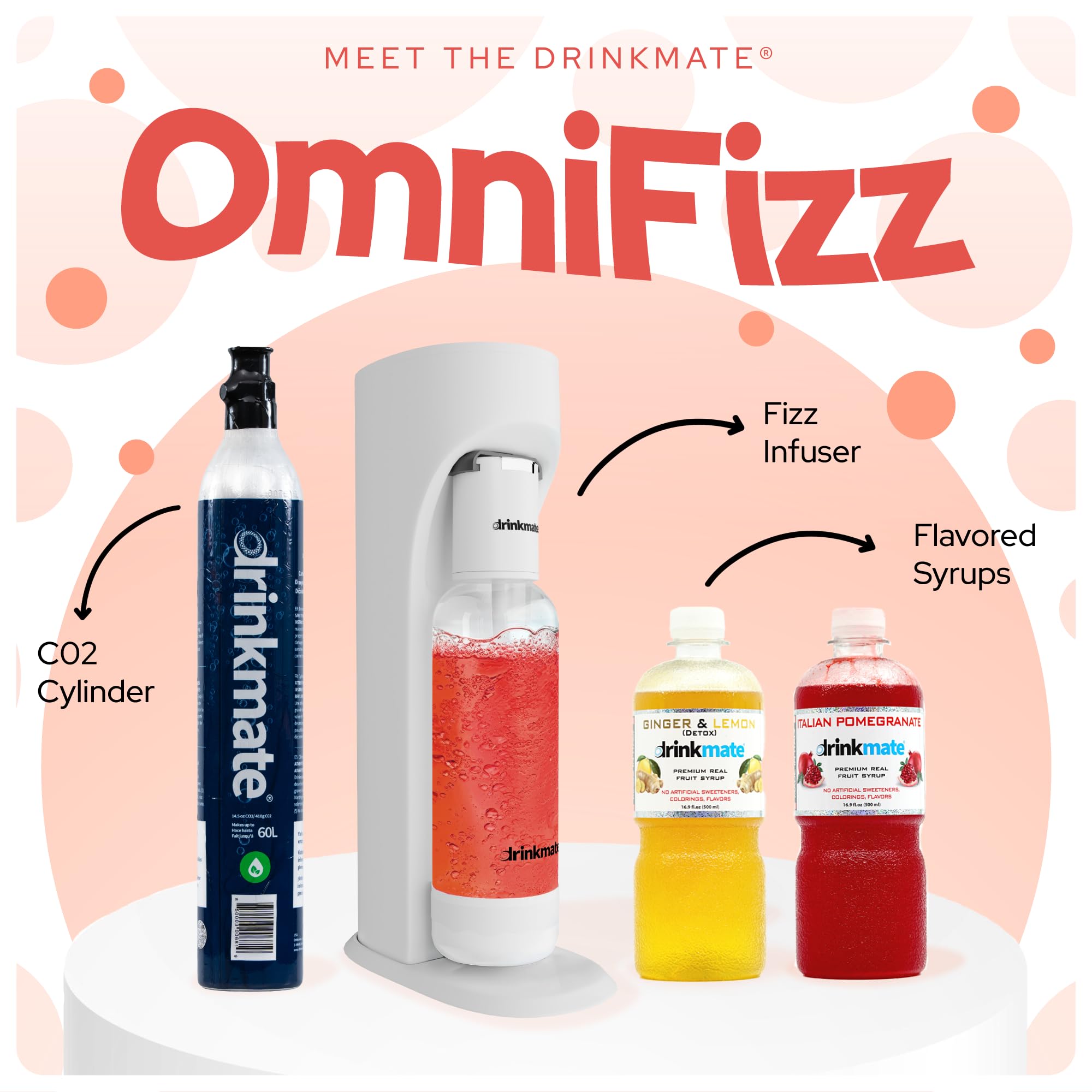Drinkmate OmniFizz Sparkling Water Maker Machine - CO2 Carbonation System for Homemade Soda, Sparkling Water & Flavored Drinks - Includes 2 Syrups (Ginger Lemon & Italian Pomegranate) - Perfect for Home Bars, Parties & Healthy Hydration