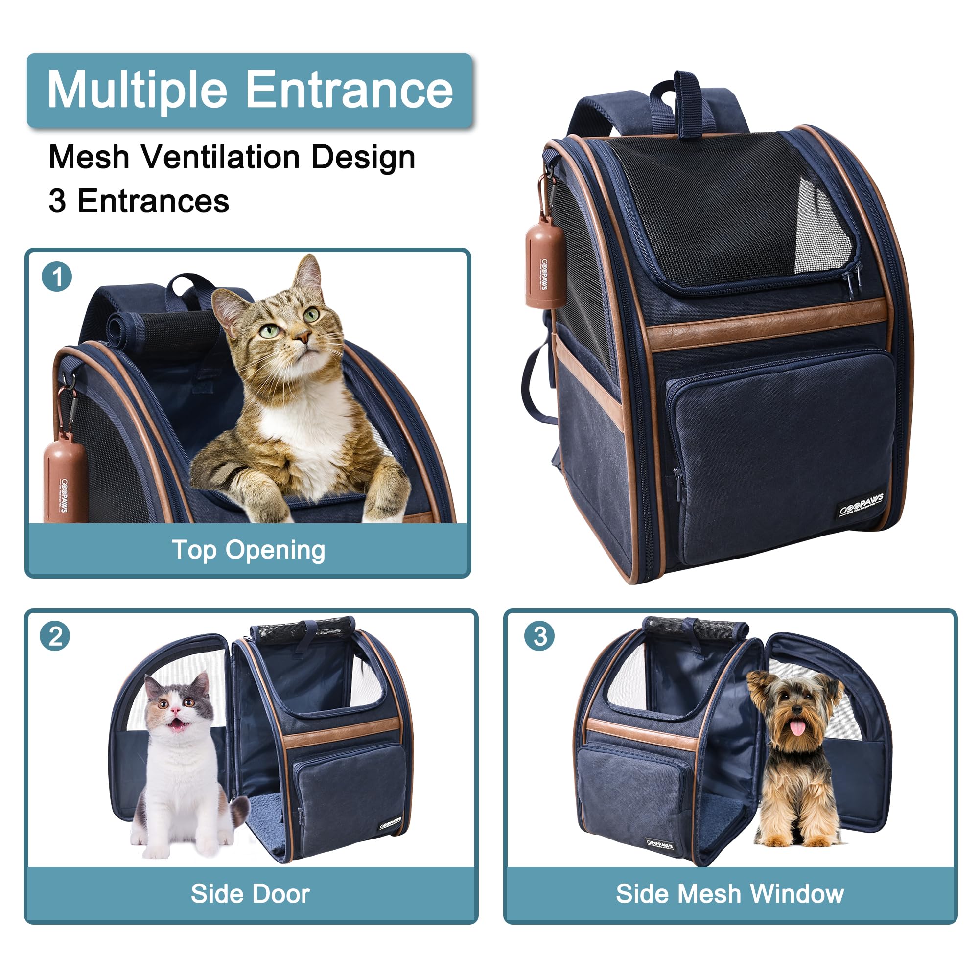 JESPET & GOOPAWS Collapsible Pet Carrier Backpack for Dogs and Cats - Breathable Mesh Design for Hiking, Travel, Camping & Outdoor Adventures - Holds Pets Up to 25 lbs (Navy Blue) - Perfect for Airplane, Car Rides & Vet Visits