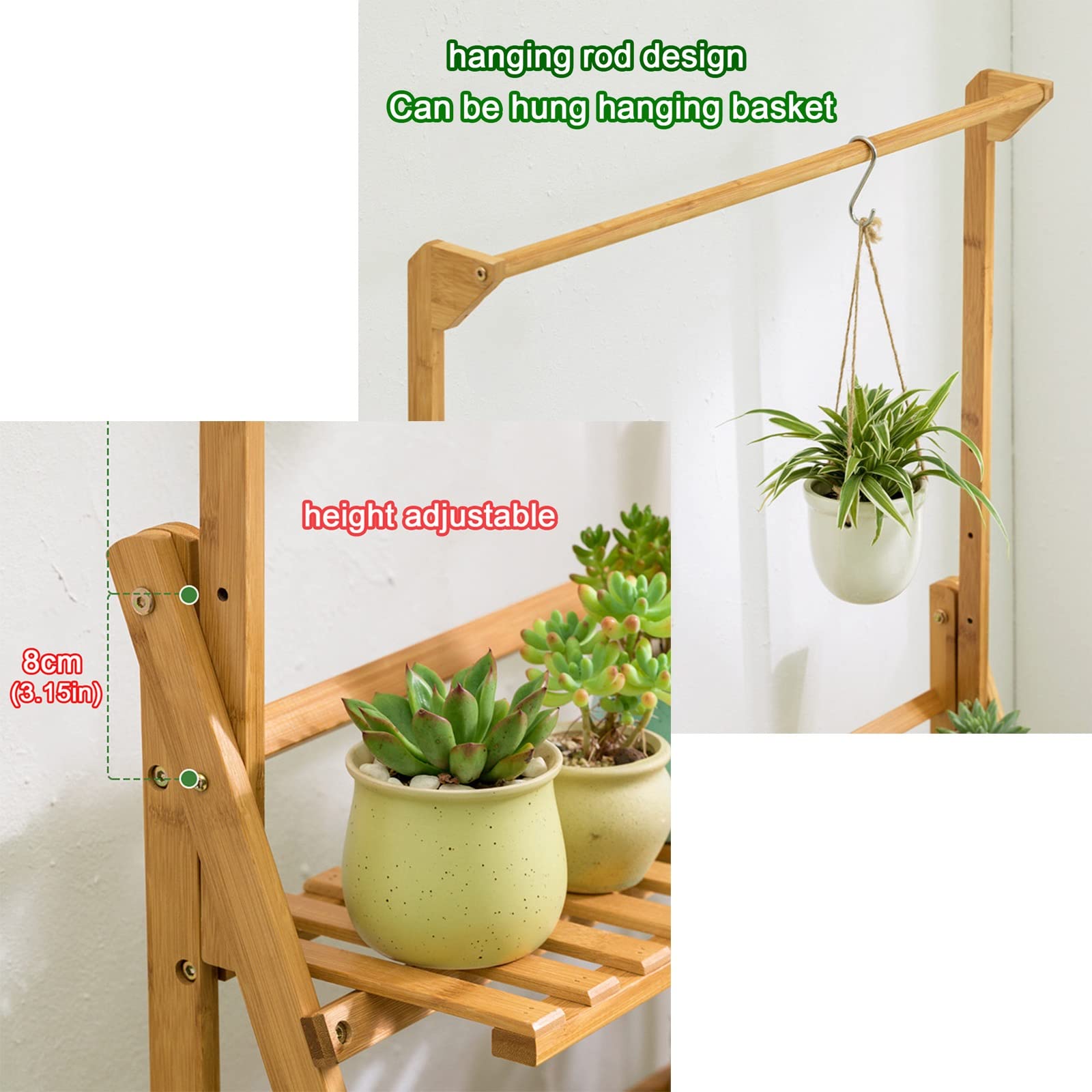 3-Tier Bamboo Plant Shelf Organizer - Indoor/Outdoor Hanging Flower Pot Stand, Folding Ladder Display Rack for Home Decor | Perfect for Balcony, Patio & Living Room Plant Arrangements