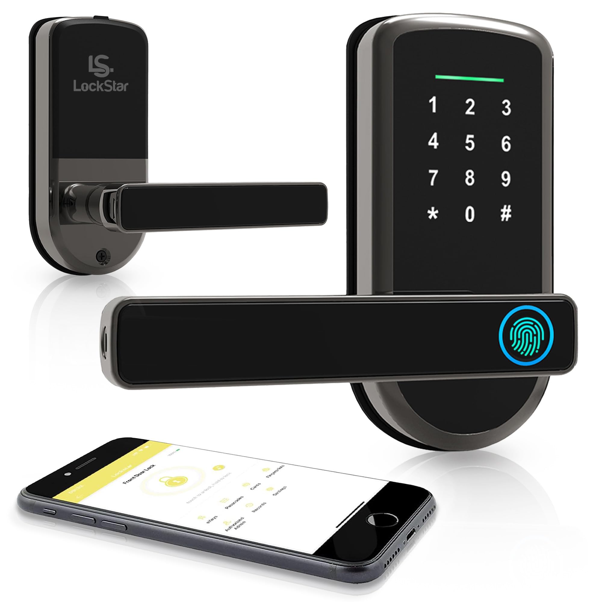 LOCKSTAR® Smart Door Lock with Handle - Keyless Deadbolt Entry with Multiple Access Methods (Fingerprint, Keypad, App, FOB & Traditional Key) | Smart Home Security Device for Front Doors, Apartments & Vacation Homes