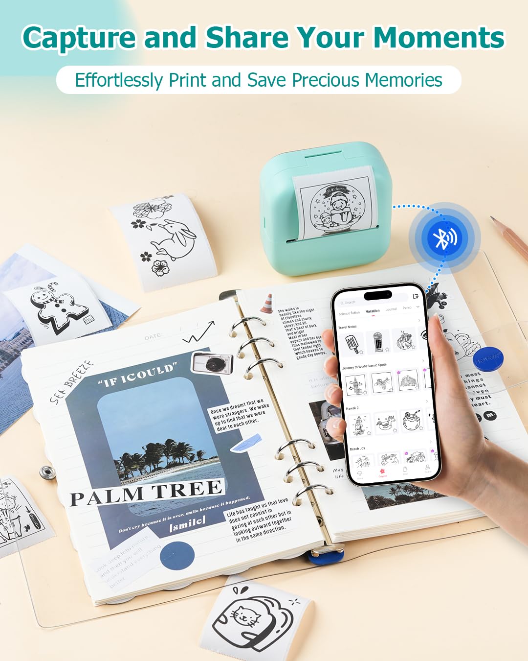 Bluetooth Sticker Maker M02X Mini Printer - Portable Inkless Pocket Photo Printer for Study Notes, Memories, Receipts & Gifts | Includes 3 Rolls Paper | Perfect for DIY Crafts, Scrapbooking & Home Organization