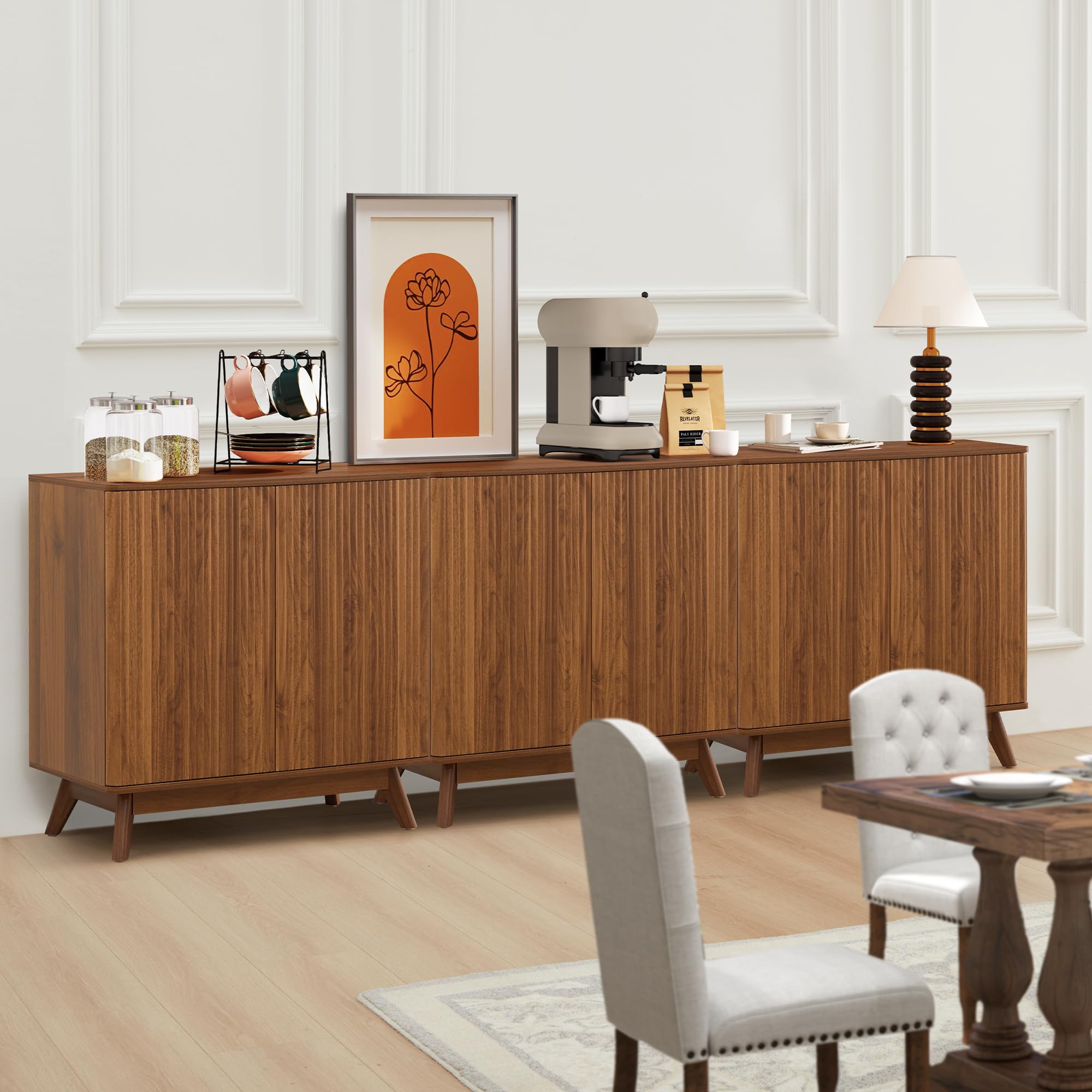 Mid Century Walnut Sideboard Cabinet - Farmhouse Fluted Credenza with 2 Doors for Kitchen, Dining Room, Office & Living Room Storage | Perfect for TV Stand, Coffee Buffet & Entryway Organizer