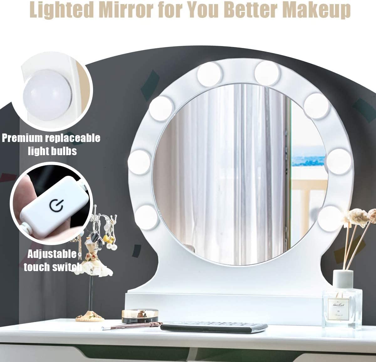 Byroce Vanity Table Set with Round LED Lighted Mirror, Makeup Dressing Table with 8 Adjustable Bulbs & Touch Switch, White Bedroom Makeup Desk for Girls, Includes Cushioned Stool & 2 Spacious Drawers - Perfect for Home Beauty Salon & Bedroom Decor