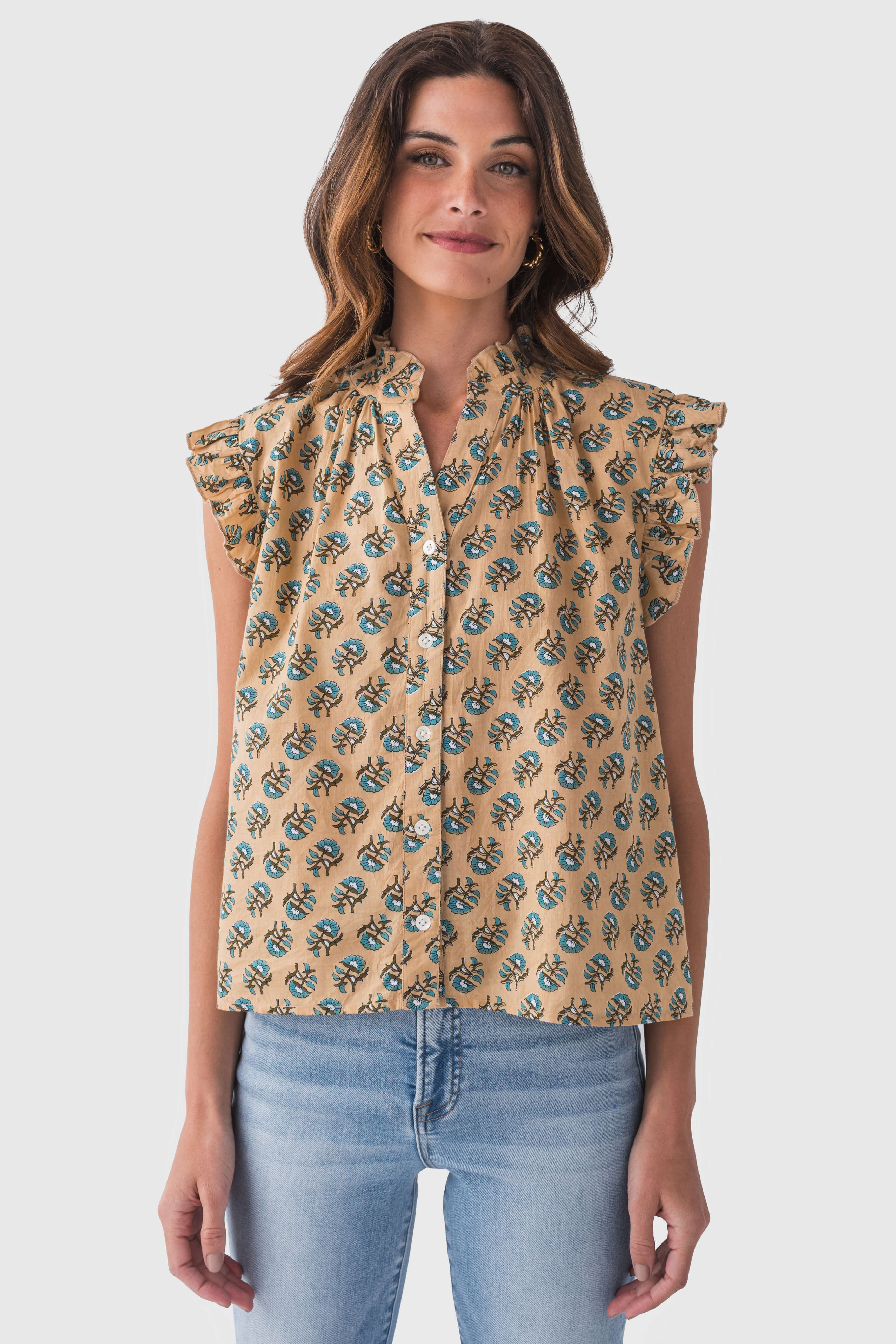 THML Small Block Print Button Front Top - Stylish Casual Blouse for Women | Perfect for Office, Dating & Everyday Wear