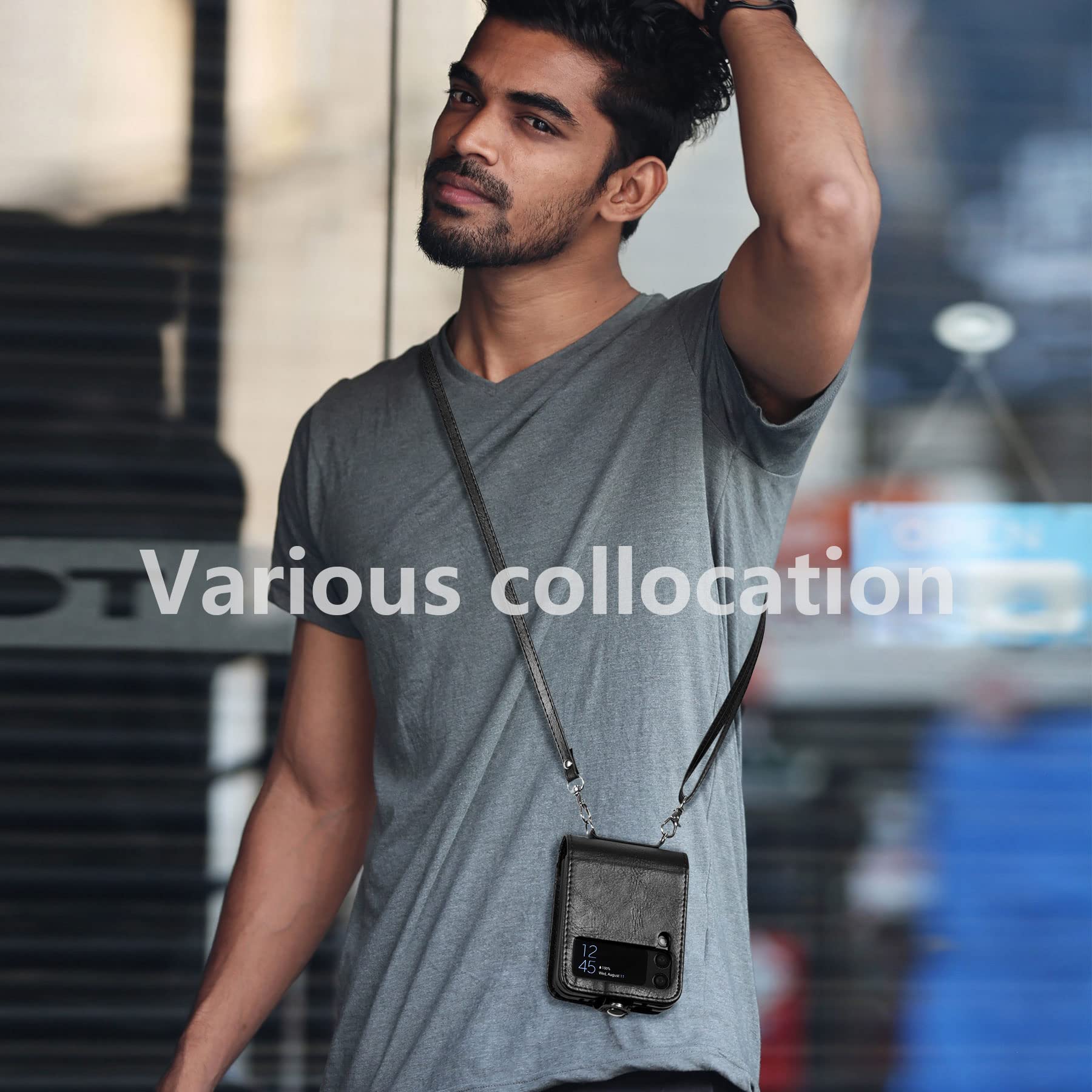 Premium Leather Wallet Case for Samsung Galaxy Z Flip 4/5G - Slim Protective Cover with Card Holder & Detachable Lanyard (Black) | Perfect for Daily Use, Travel & Hands-Free Convenience