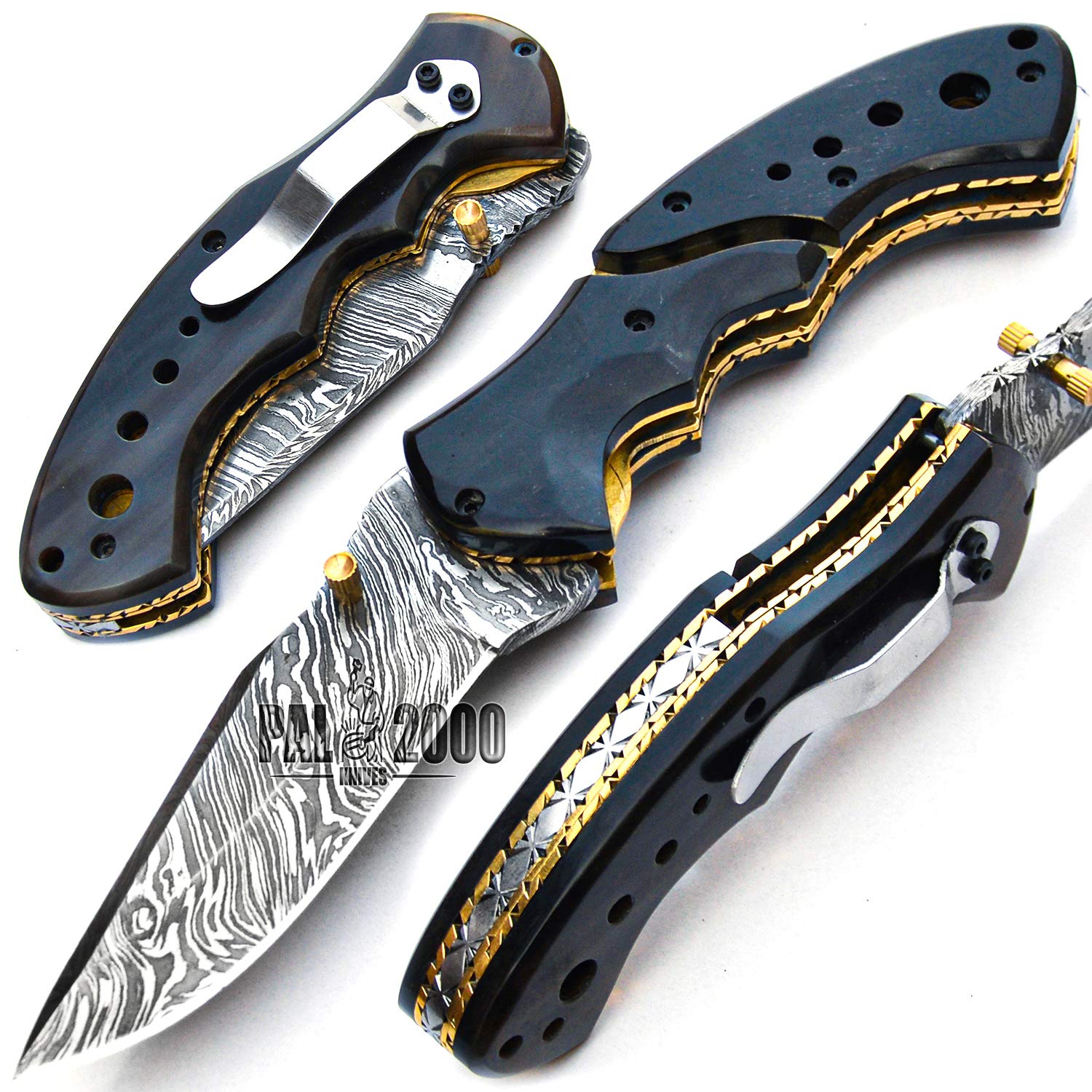 Handmade Damascus Steel 8 Inch Folding Pocket Knife - Horn Handle with Sheath | Hunting, Camping & Outdoor Survival Tool | PAL 2000 KNIVES POC-9844