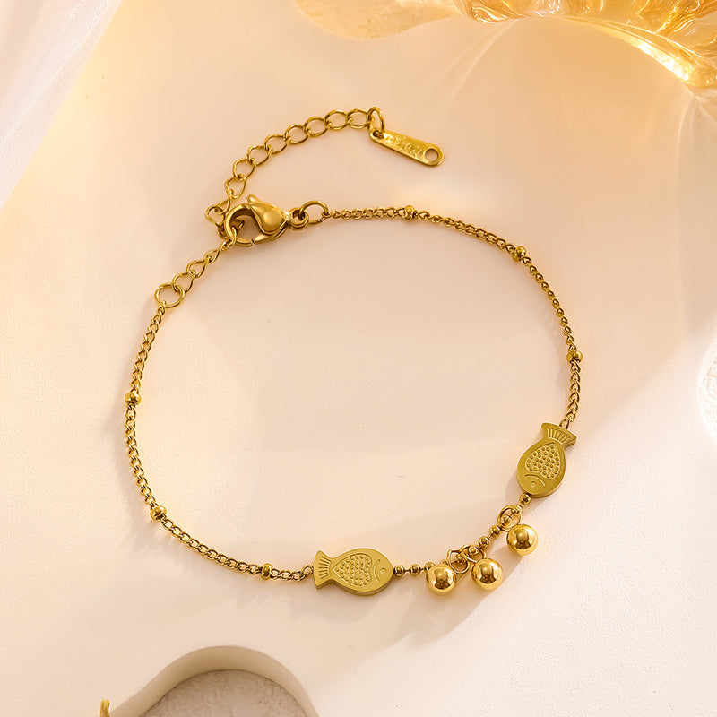 Titanium Gold Fish Charm Beaded Chain Anklet Bracelet for Women | Adjustable Ankle Jewelry for Summer Beach, Boho Style, Gift Idea | TB6763