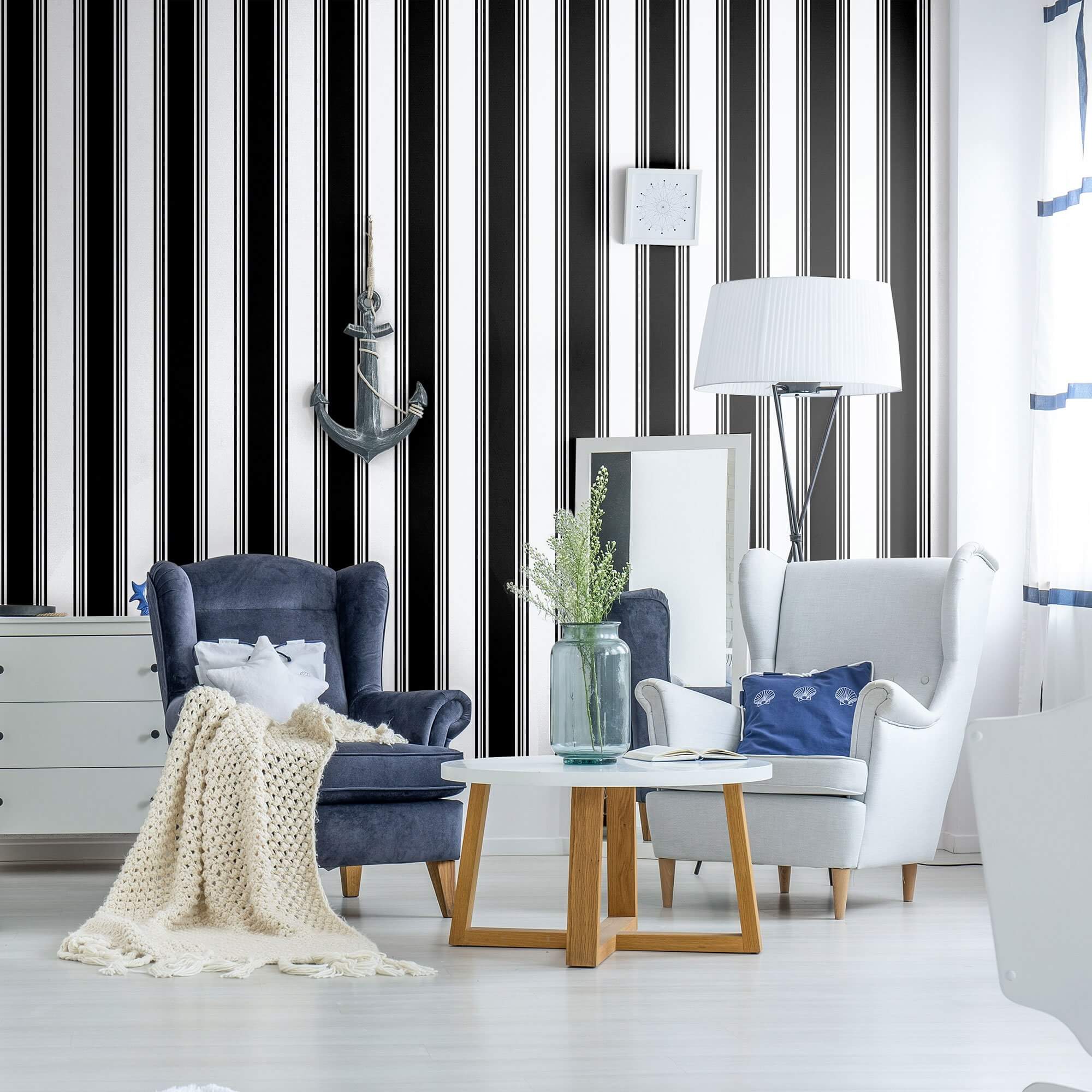 Black Striped Peel and Stick Removable Wallpaper - Self-Adhesive Decorative Wall Covering for Bedroom, Living Room & Office - Easy to Install & Remove - 3712