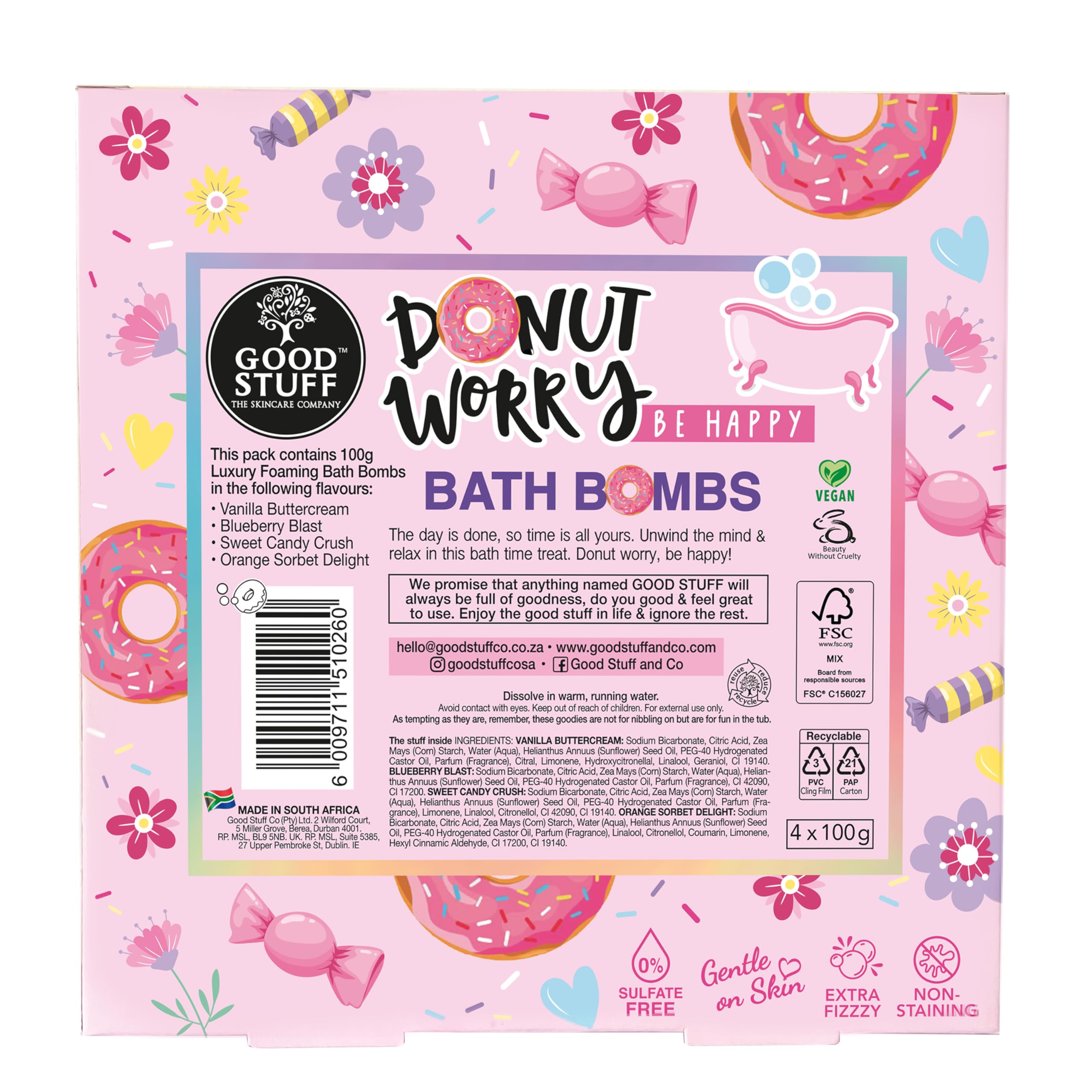 Donut Worry Bath Bomb Gift Set - 4x3.5oz Relaxing Scented Donut-Shaped Bath Bombs for Self Care & Spa Night | Perfect Birthday Gift for Women & Stress Relief