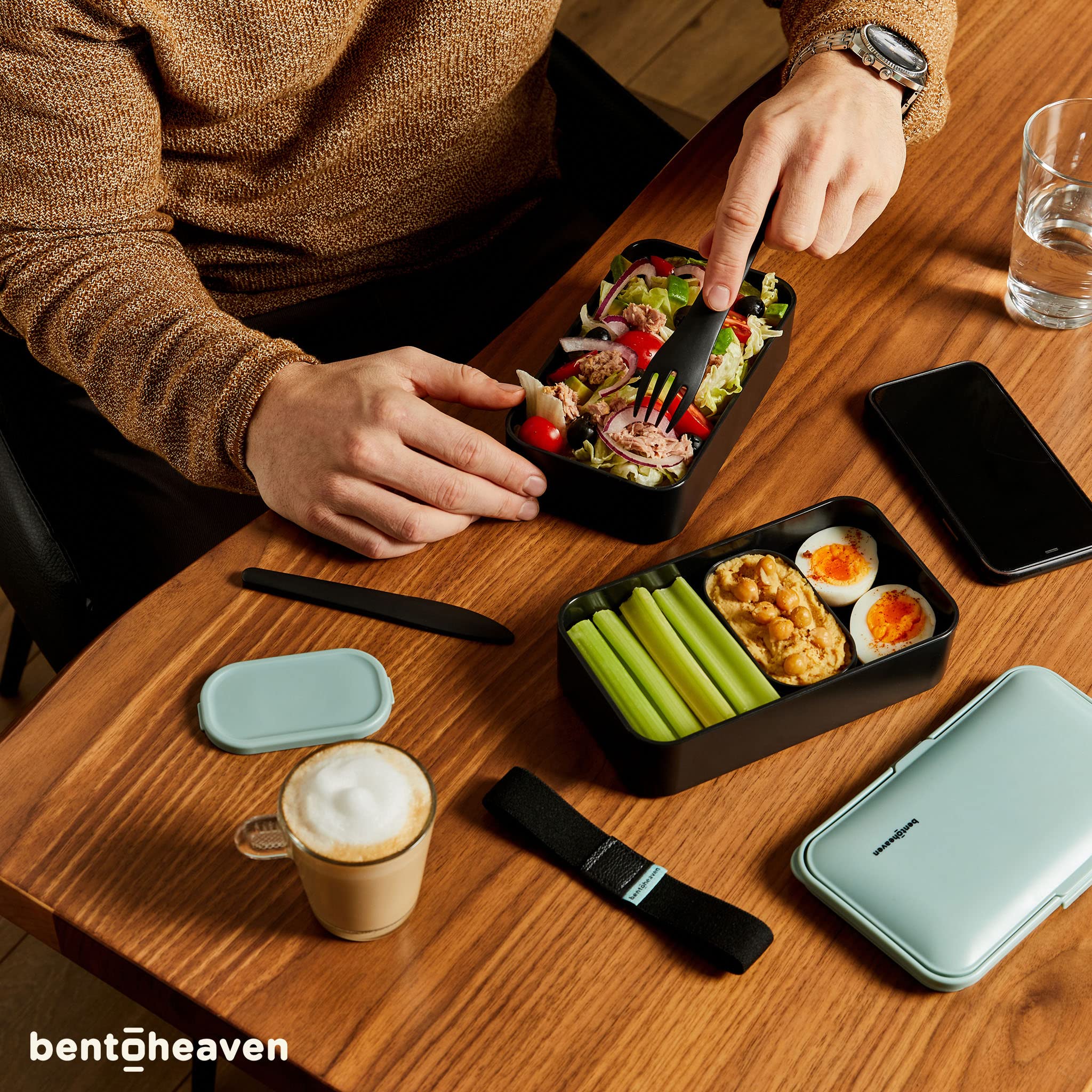 Premium Bento Box for Adults - Japanese Style Lunch Box with Compartments, Utensil Set, Chopsticks & Dip Container - Microwave Safe for Office, School & Travel (Billie Green)