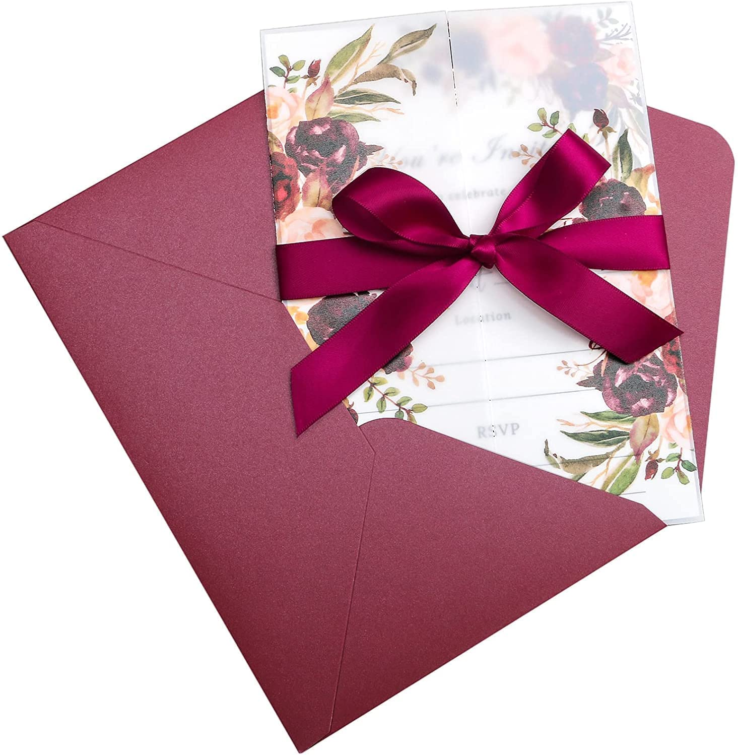 PONATIA 20-Pack Burgundy Fill-in Invitation Cards with Envelopes - 5x7 Inch Wedding, Bridal Shower, Baby Shower, Sweet 16 & Rehearsal Dinner Invites - Elegant Vellum Print Cover for Formal Events & Special Occasions
