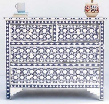 Handmade Bone Inlay Dresser with 4 Drawers - Luxury Wooden Chest for Bedroom & Living Room Storage | Vintage Home Decor Furniture for Master Bedroom, Guest Room & Apartment