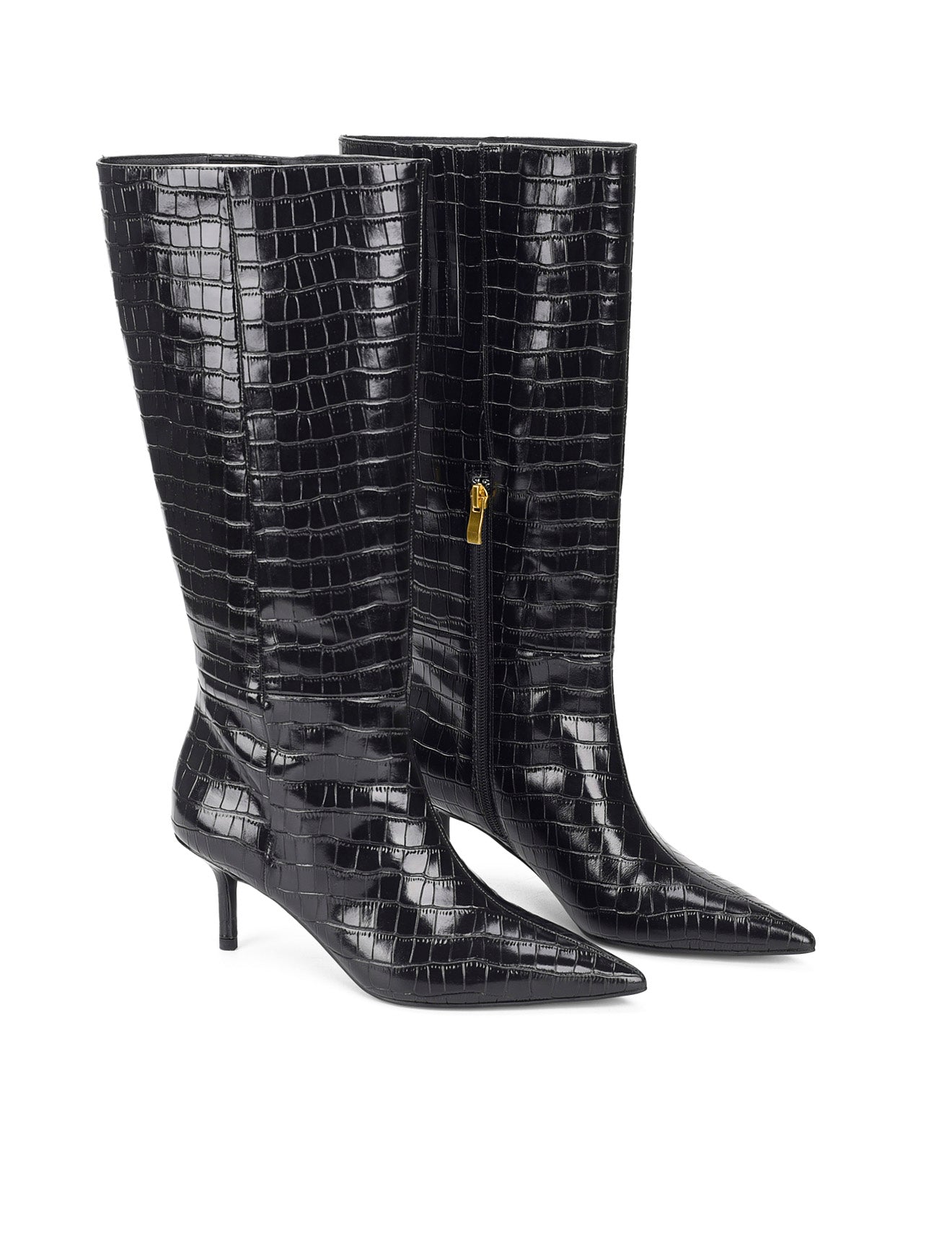 Yonita Women's Black Crocodile Leather Long Boots - Stylish & Comfortable for Winter, Fall, and Fashion Outfits