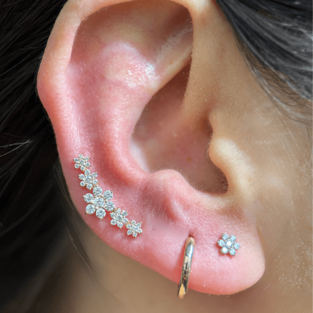 14K Yellow Gold Five Flower Diamond Stud Earrings - Dainty Floral Flat Back Ear Studs for Women, Perfect for Weddings, Parties & Everyday Wear