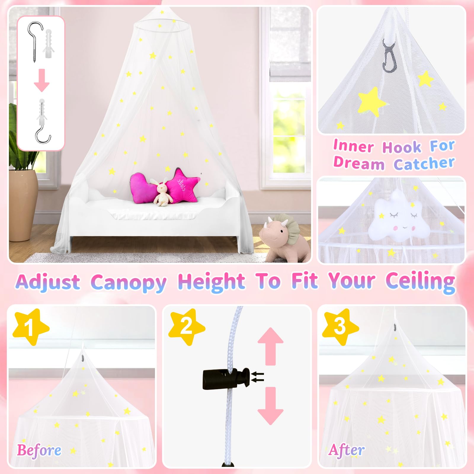 **Glowing Star Princess Bed Canopy for Girls - Kids Room Decor with Starry Net Curtains - Fits Single, Twin, Full & Queen Beds - Perfect for Bedroom, Nursery & Sleepover Decorations**