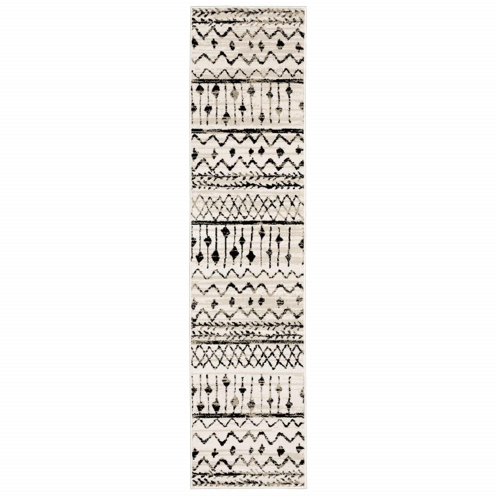 HomeRoots Polypropylene 2' x 8' Ivory and Black Eclectic Patterns Indoor Runner Rug - Non-Slip Hallway Carpet for Entryway, Kitchen, and High Traffic Areas
