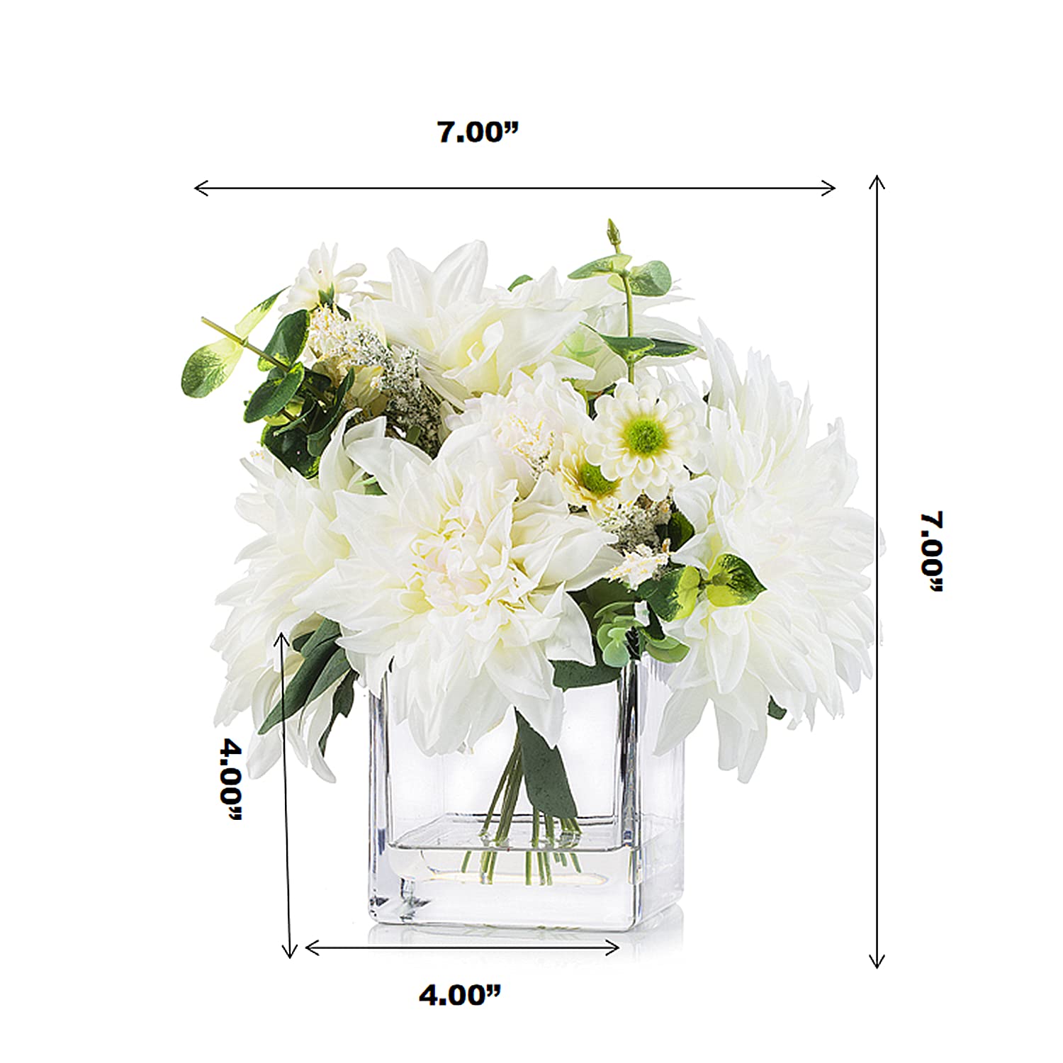 ENOVA HOME Mixed Artificial Dahlia Flower Arrangement in Cube Glass Vase with Faux Water - Cream Silk Flowers for Home, Office, Wedding & Table Decor - Long-Lasting Centerpiece for Living Room, Dining Table & Shelf Display