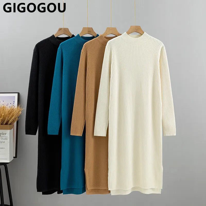 Women's Thick Knitted Ribbed Sweater Dress - Autumn Winter Warm Casual Loose Fit Fashion Dress for Ladies | Perfect for Office, Dating, and Holiday Outfits