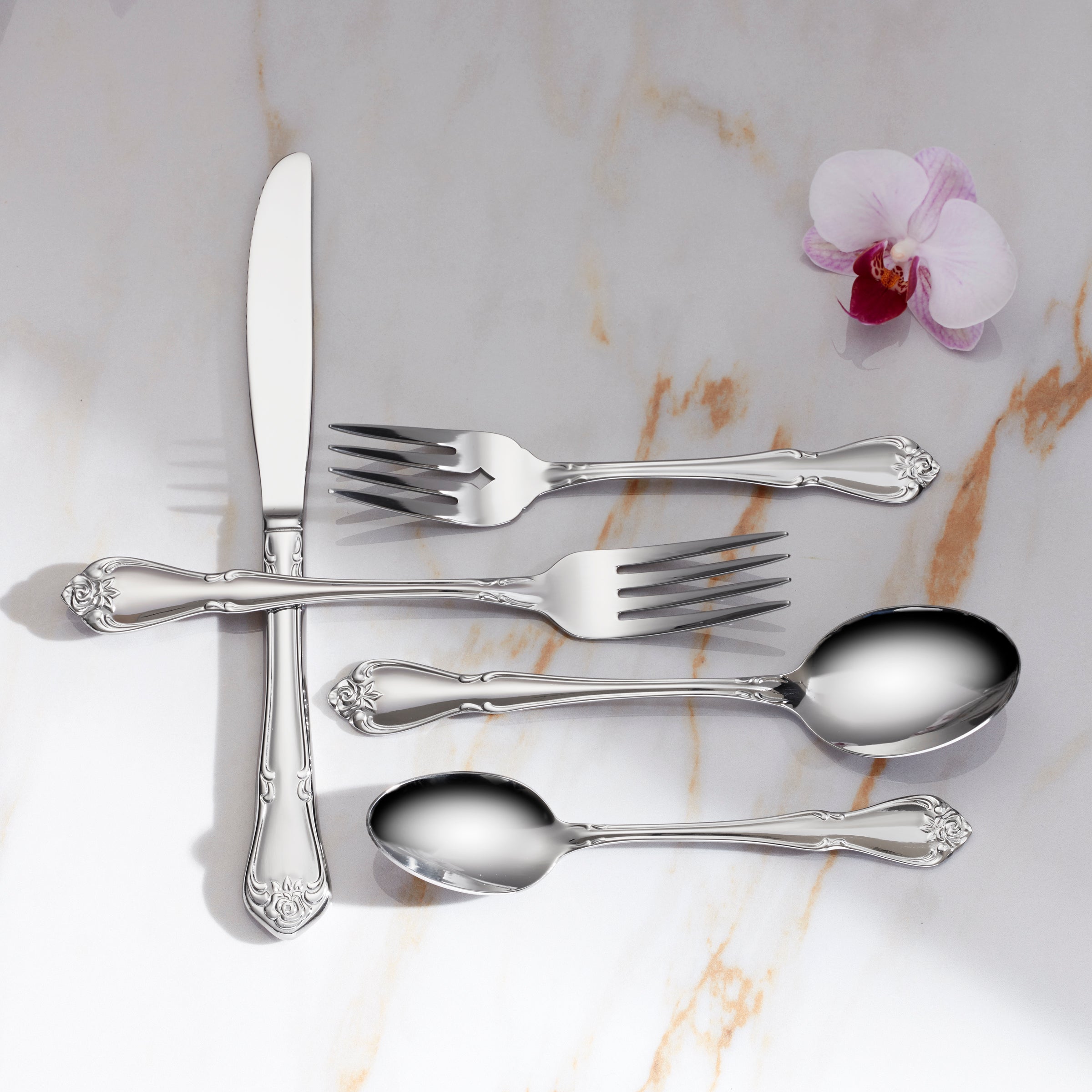True Rose 20-Piece Stainless Steel Flatware Set - Elegant Silverware for Dining, Kitchen & Entertaining | Perfect for Weddings, Dinner Parties & Everyday Use
