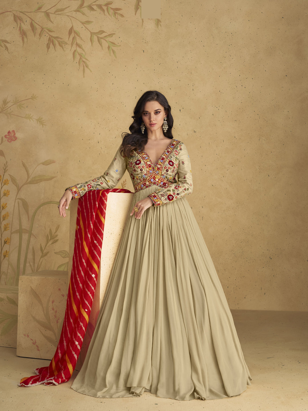 Elegant Beige Designer Ready-Made Georgette Heavy Gown with Dupatta - Perfect for Weddings, Parties & Special Occasions