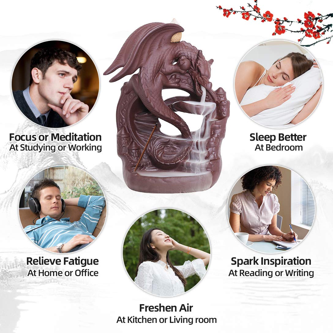 INONE Ceramic Dragon Backflow Incense Burner with 100 Cones - Waterfall Aromatherapy Holder, Zen Home Decor for Meditation, Yoga & Relaxation - Perfect for Living Room, Bedroom & Office Spaces