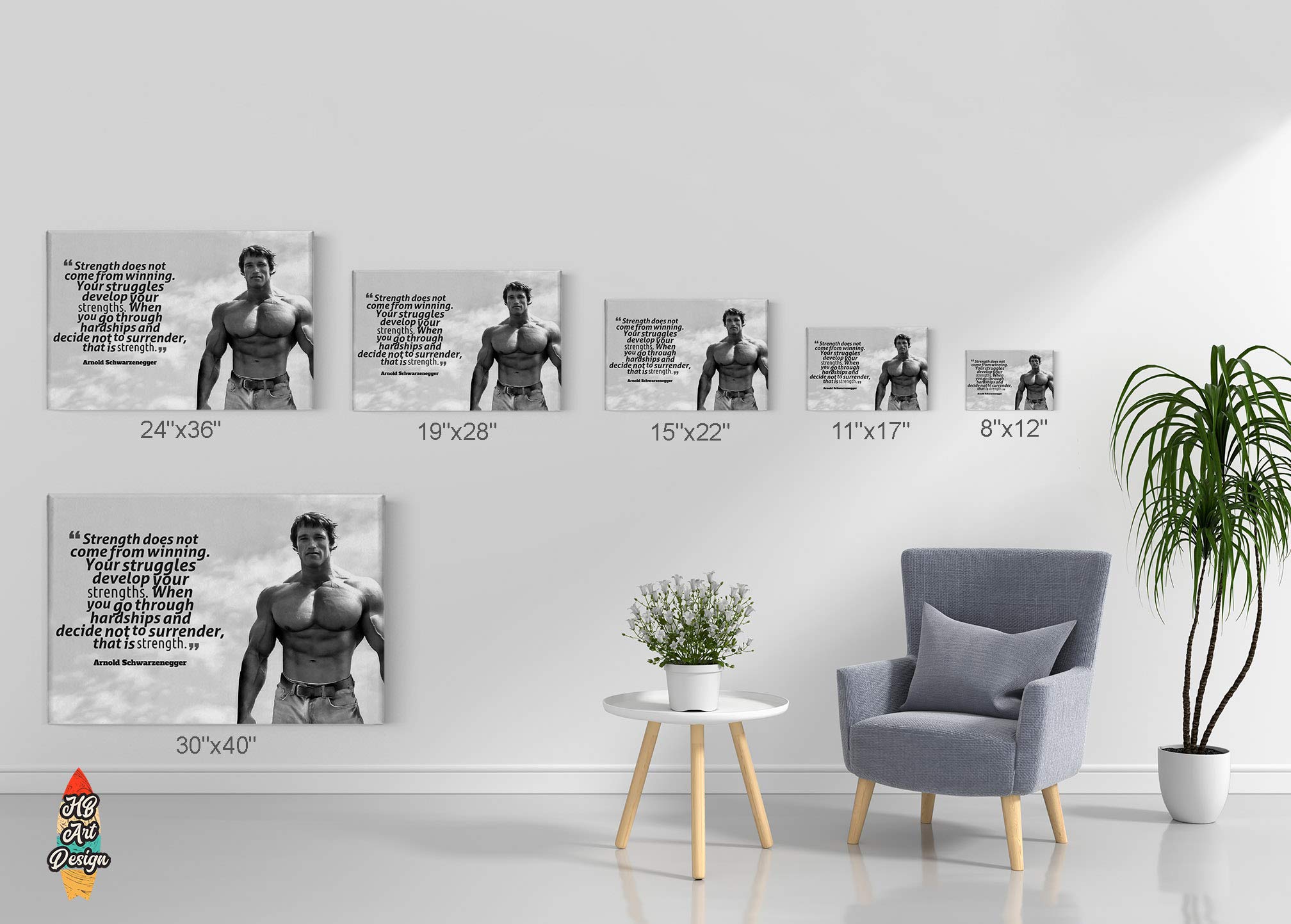 HB Art Design Arnold Schwarzenegger Motivational Canvas Wall Art - 'Strength' Inspirational Quote in Black & White (30x40 inches) - Perfect for Gym, Home Office, Living Room & Bedroom Decor