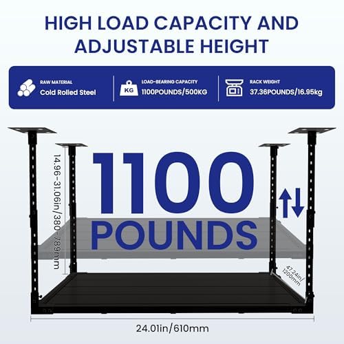 Heavy Duty Overhead Garage Storage Rack - 2x4 Metal Ceiling Storage System with 1100Lbs Capacity, Adjustable Shelves & 5 Free Hooks - Perfect for Garage Organization, Bike Storage & Seasonal Item Storage - Black