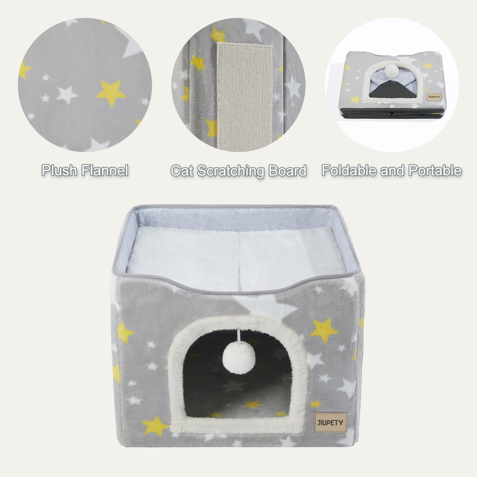Jiupety Large Cat Bed for 2 Cats - Foldable Cat Cave Cube with Scratch Pad & Toy Ball - 17in Grey Indoor Cat House for Hideaway, Play & Sleep - Perfect for Kittens & Adult Cats in Living Rooms or Bedrooms