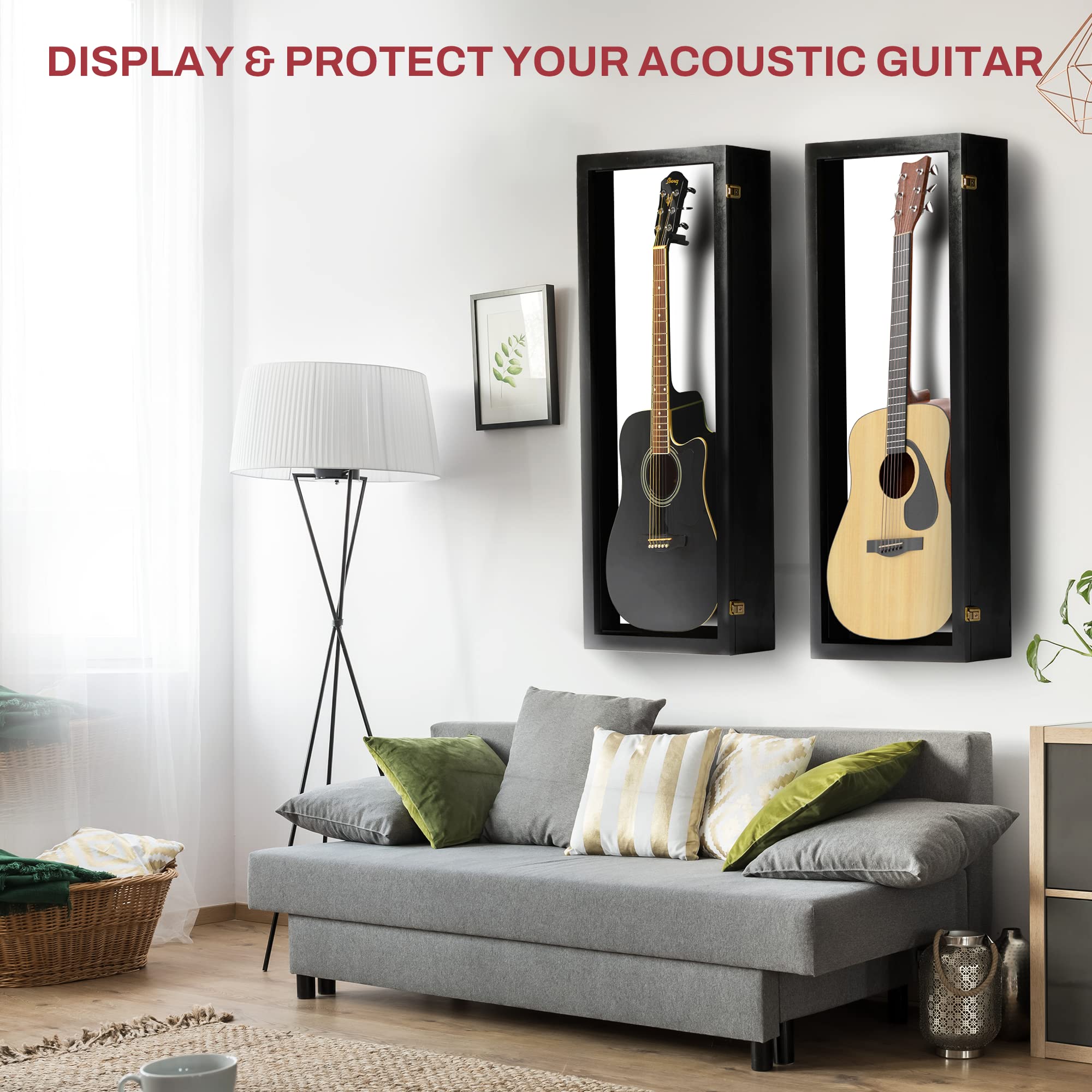 Premium Acoustic Guitar Display Case - Clear Acrylic Wall Mount Guitar Case with Hardwood Frame (Black with White Felt) - Perfect for Home, Studio & Music Store Decor