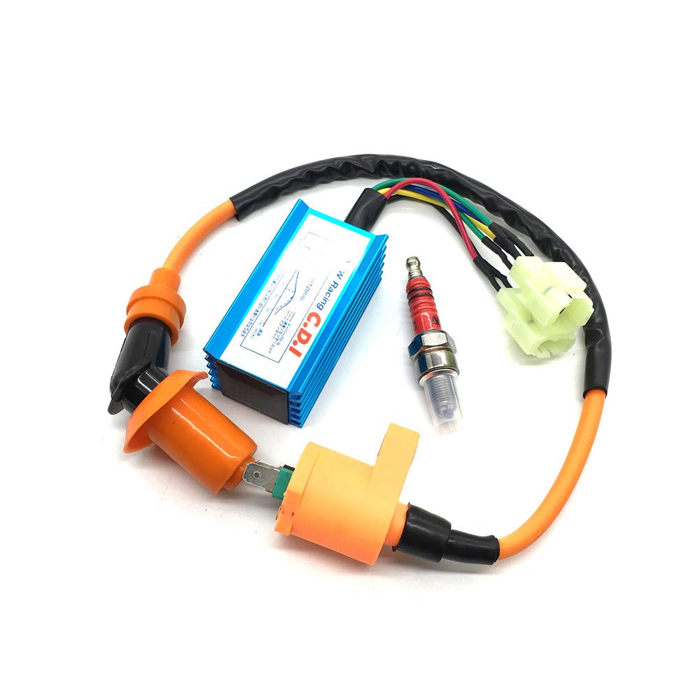 High Performance 6-Pin CDI Ignition Coil & Spark Plug Set for Gy6 150cc/125cc/50cc 4-Stroke Engines - Compatible with Scooters, ATVs, Go Karts, Mopeds, Quads, Pit Bikes & Dirt Bikes - Enhances Acceleration & Engine Power for Racing & Off-Road Adventures