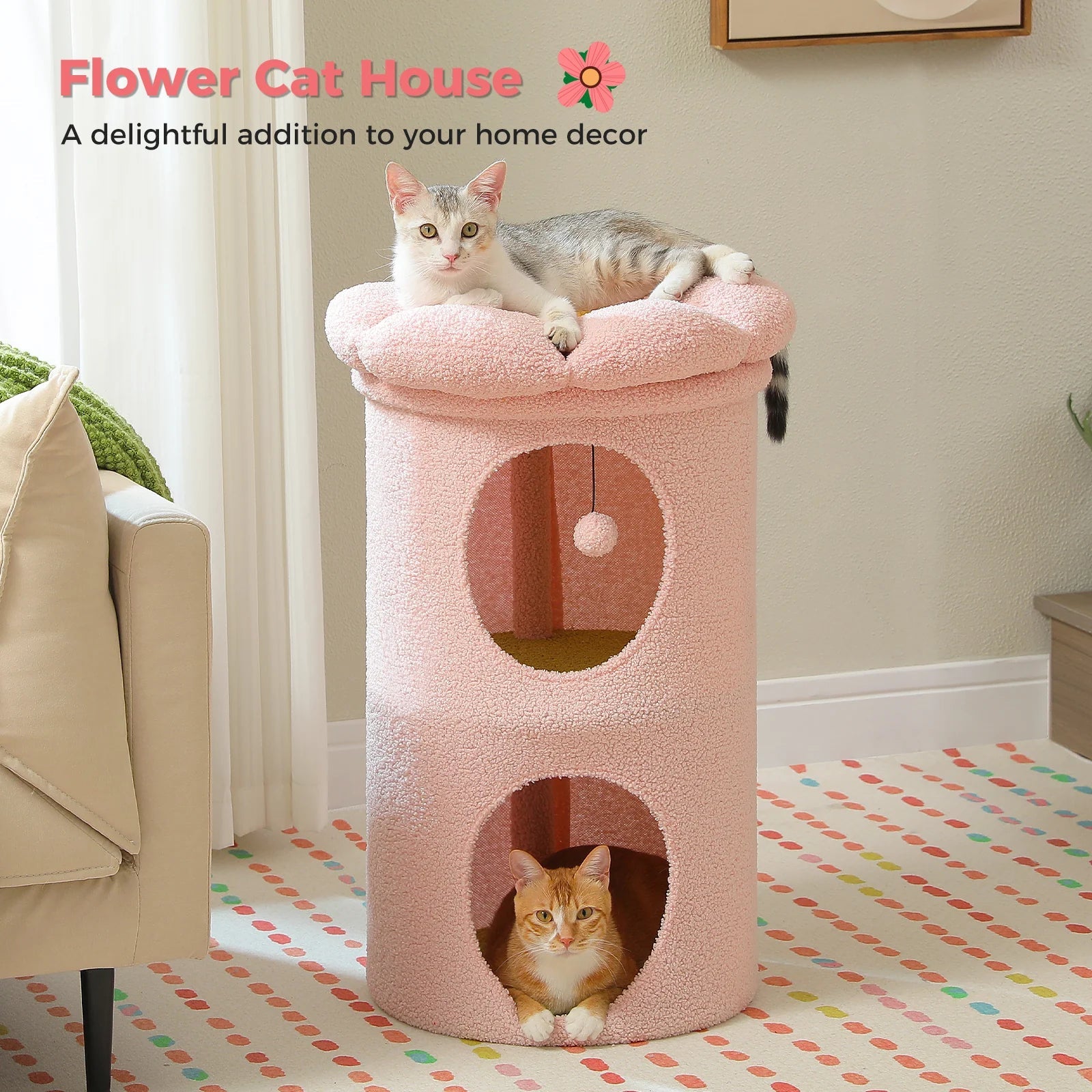 2 Tier Cat House with Flower Design - Pink Pet Bed for Small Cats & Kittens | Perfect for Indoor Play, Nap & Relaxation